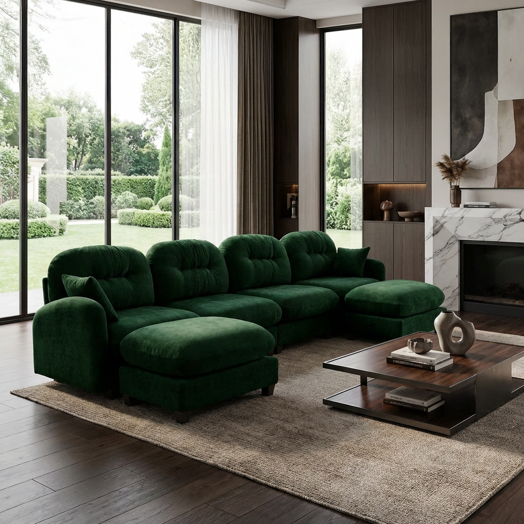 Roselyn 140" Modular Chenille U-Shaped Sectional Sofa with Ottoman and Tufted Cushion Backrest