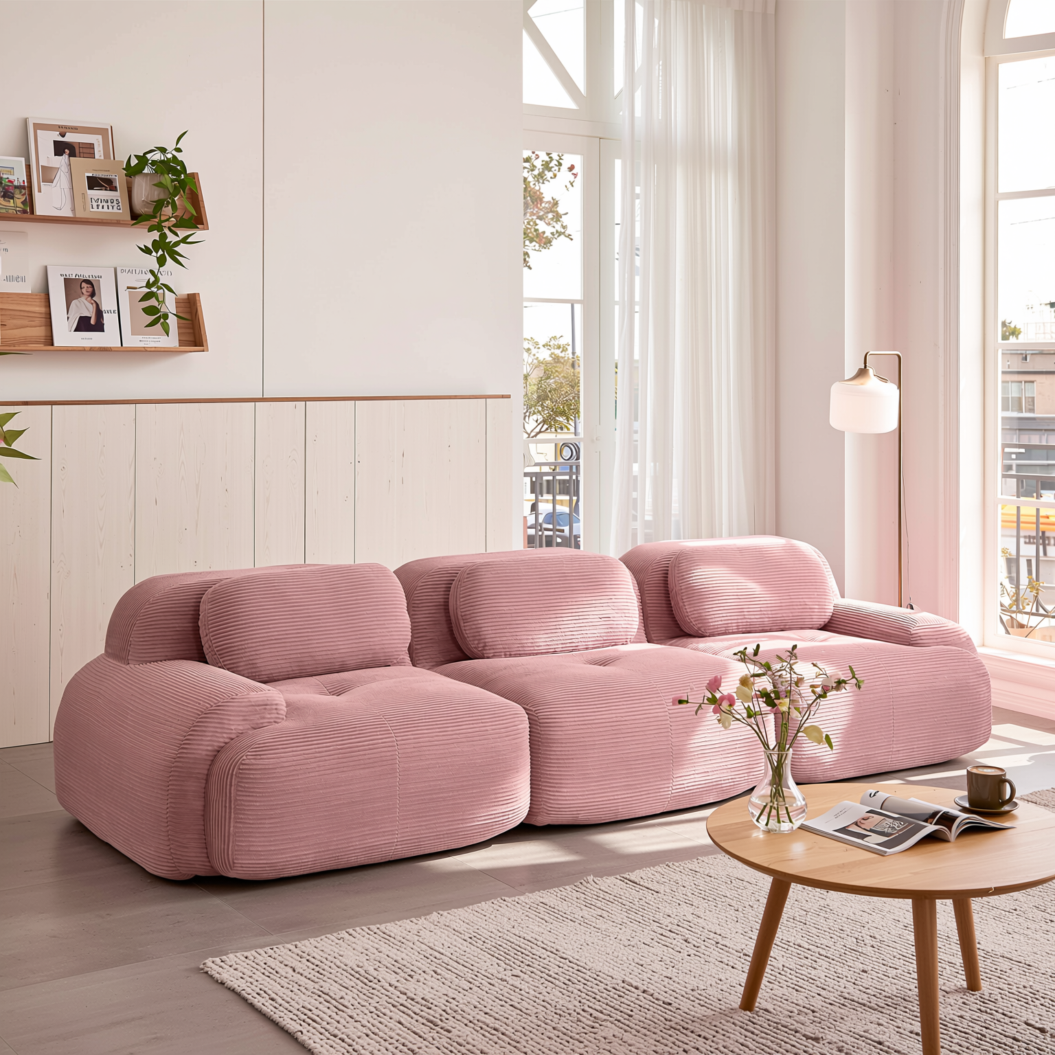Anchorage 116" Modular Corduroy 3-Seater Sofa with Curved Armrest