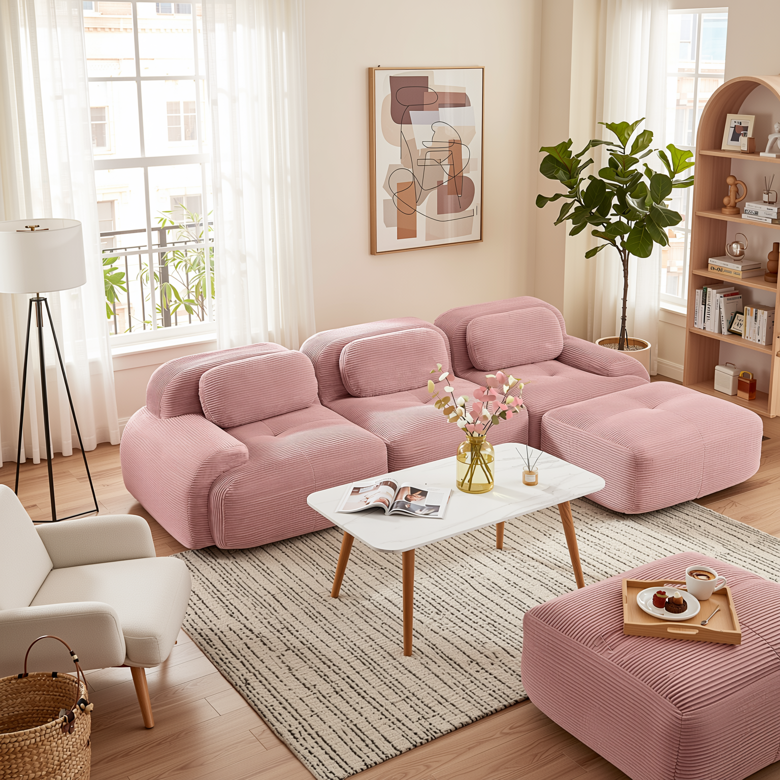 Anchorage 116" Modular Corduroy Cloud L-Shaped Sectional Sofa with Ottoman