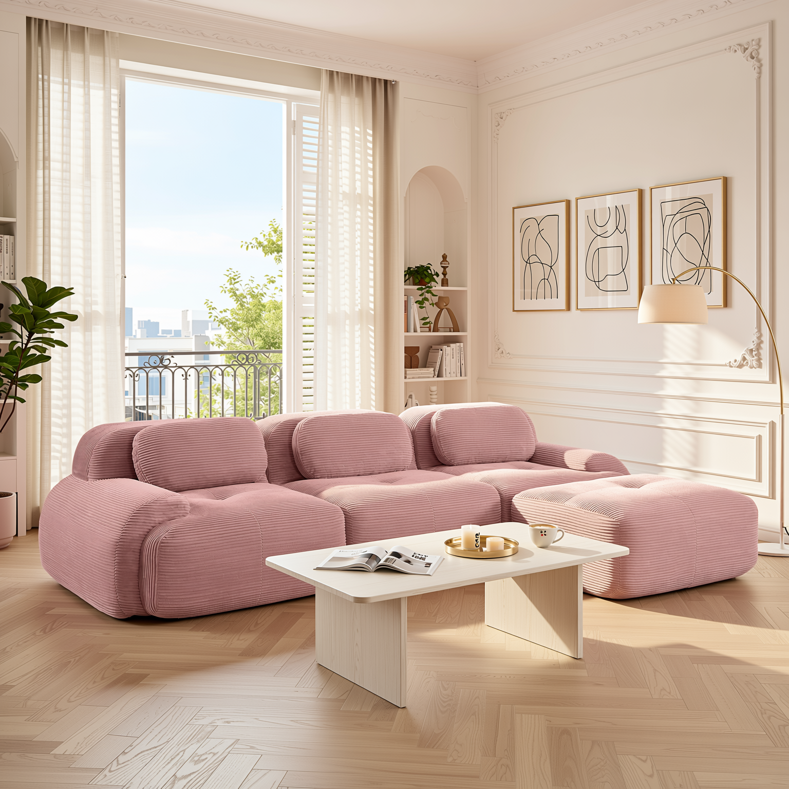 Anchorage 116" Modular Corduroy Cloud L-Shaped Sectional Sofa with Ottoman