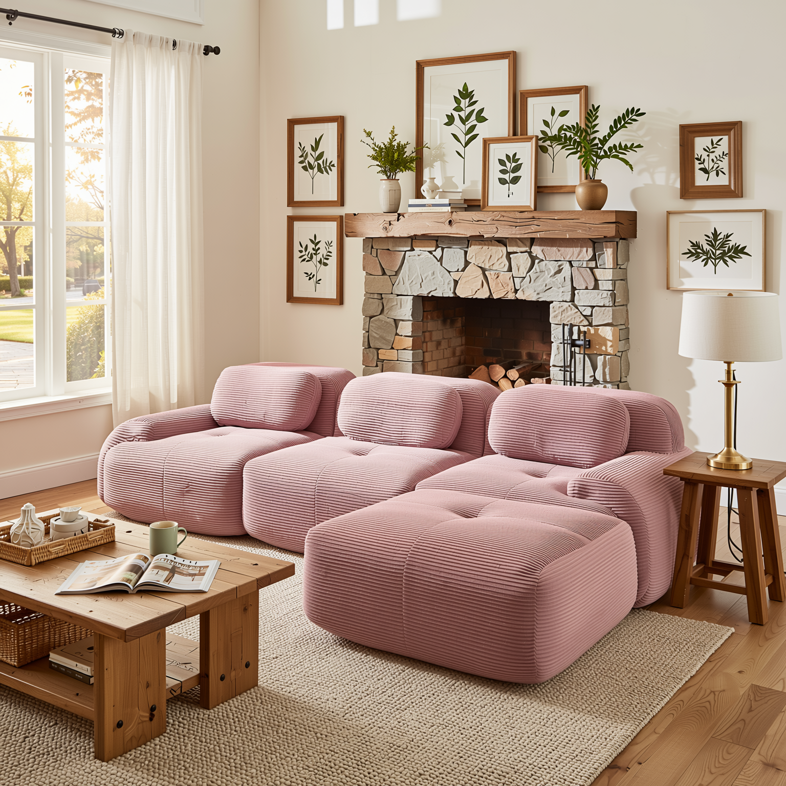 Anchorage 116" Modular Corduroy Cloud L-Shaped Sectional Sofa with Ottoman