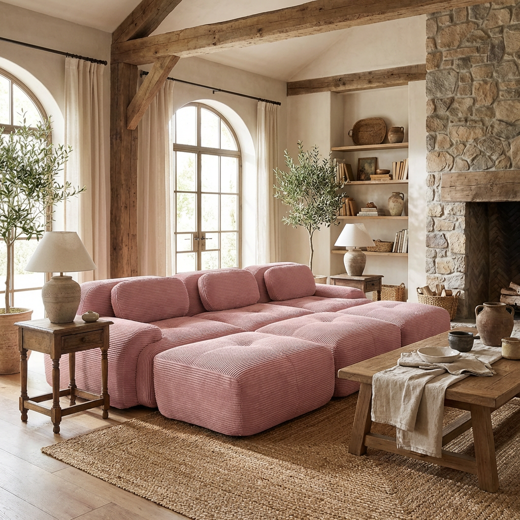 Anchorage 116" Corduroy Cloud Modular Sofa with Ottomans and Curved Armset