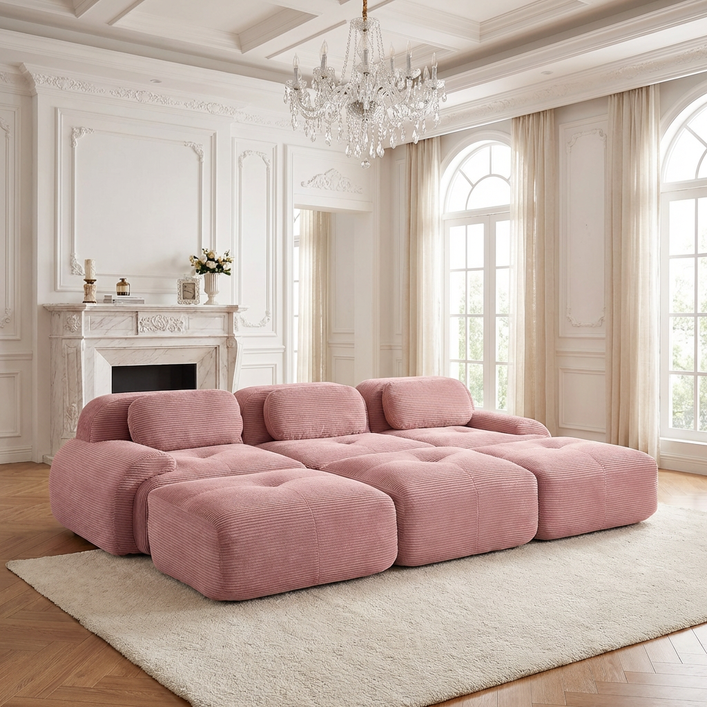 Anchorage 116" Corduroy Cloud Modular Sofa with Ottomans and Curved Armset