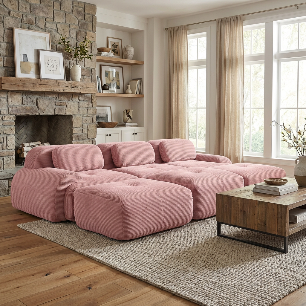 Anchorage 116" Corduroy Cloud Modular Sofa with Ottomans and Curved Armset