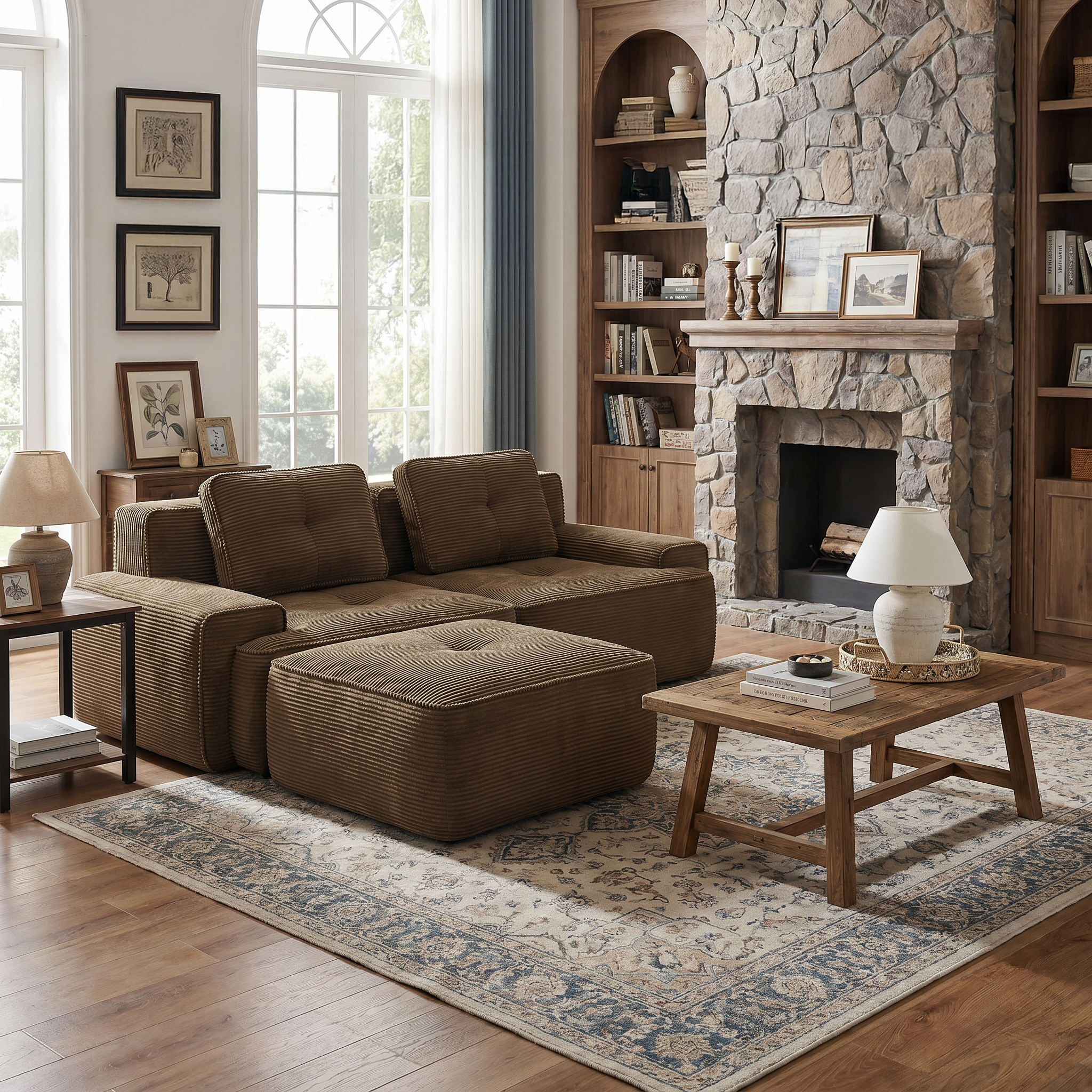 Racine 82" Modular Corduroy Fabric Loveseat Sofa with Pillows and Movable Ottoman
