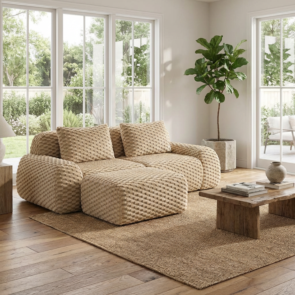 Olathe 82" Modular Flannelette Fabric L-Shaped Sectional Sofa with Movable Ottoman