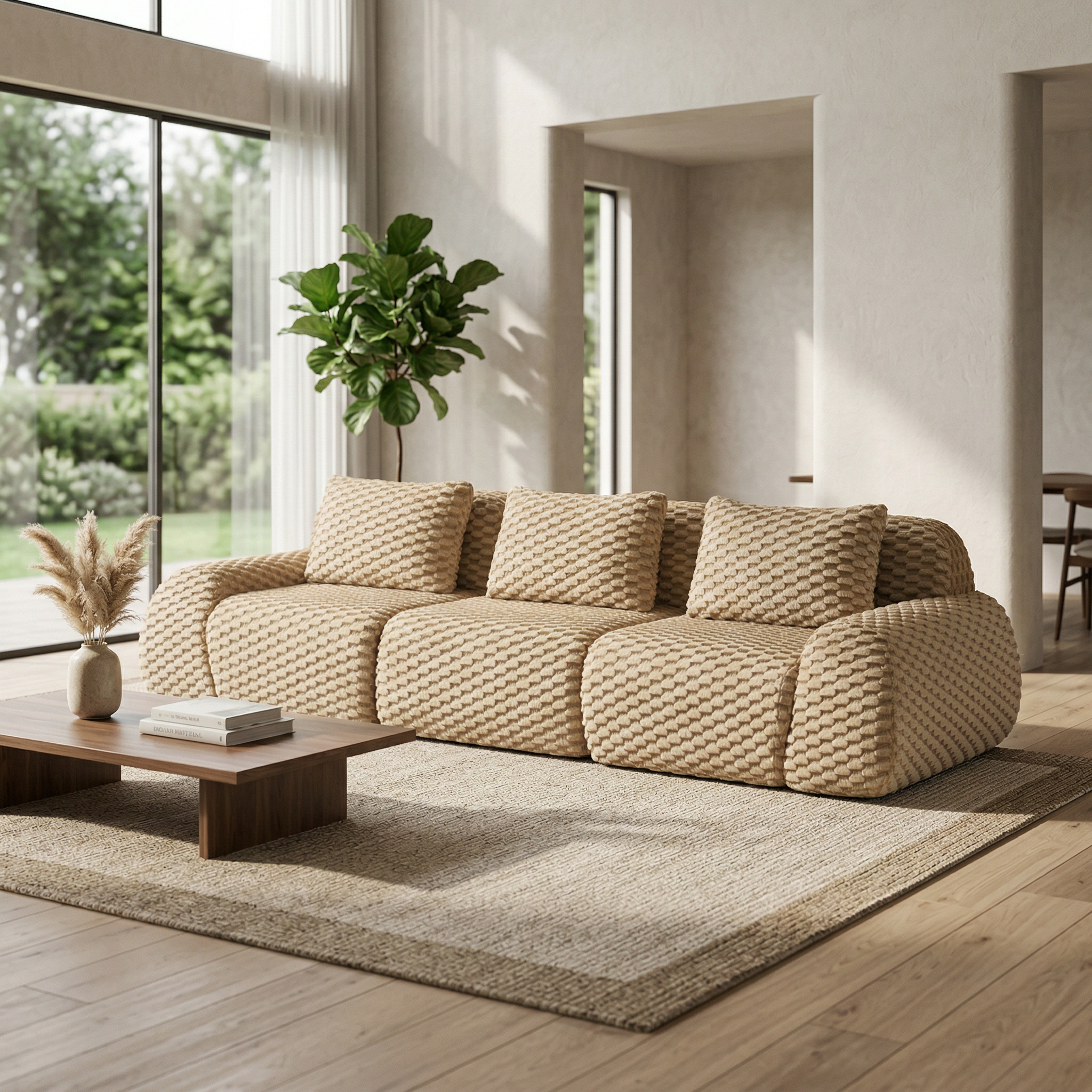 Olathe 114" Modular Flannelette Fabric 3-Seater Sofa with Deep Seat