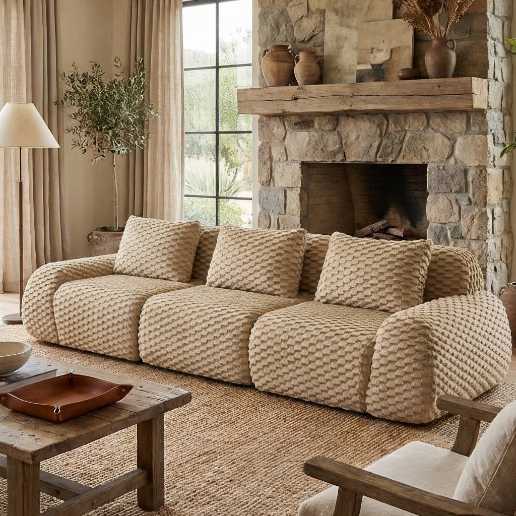 Olathe 114" Modular Flannelette Fabric 3-Seater Sofa with Deep Seat