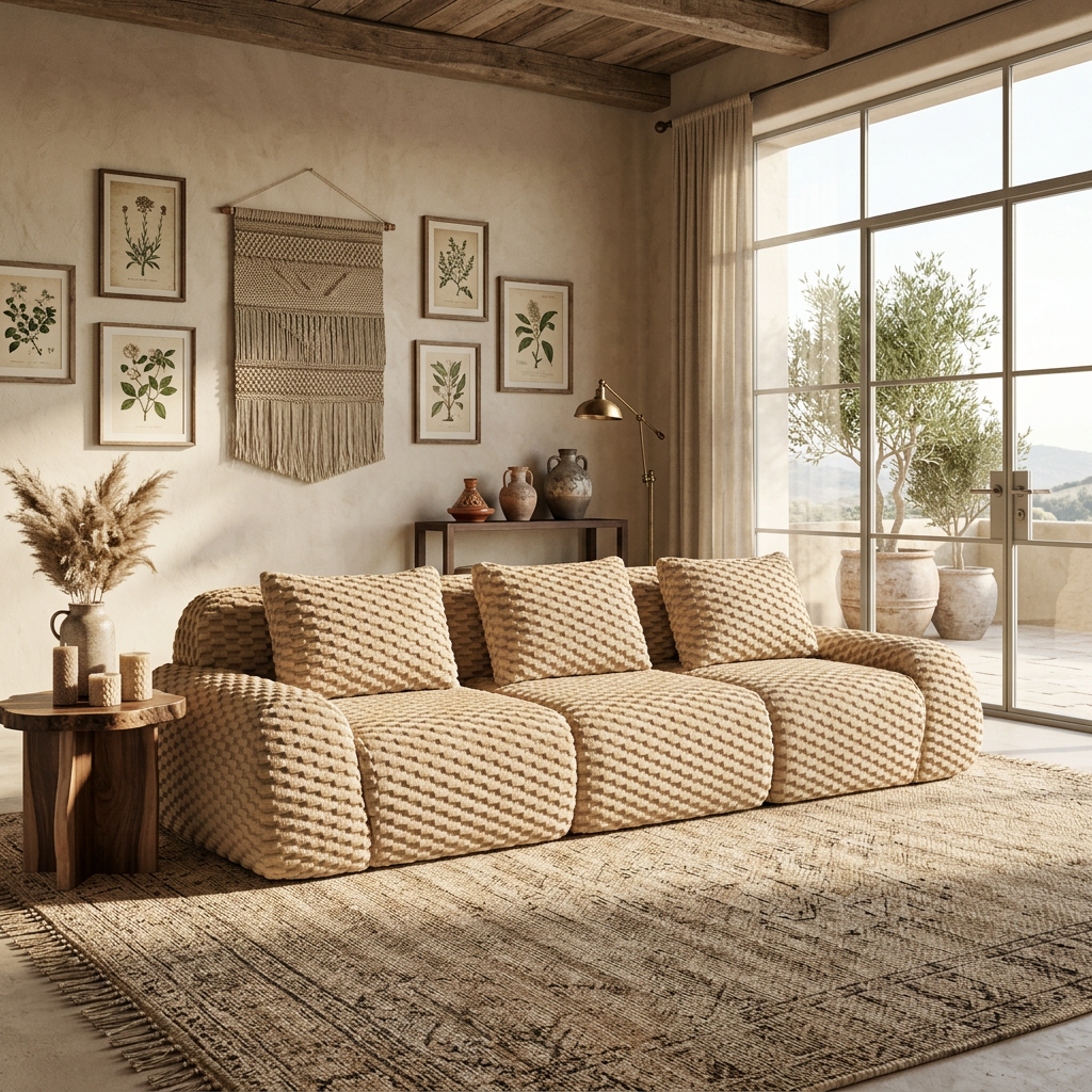 Olathe 114" Modular Flannelette Fabric 3-Seater Sofa with Deep Seat