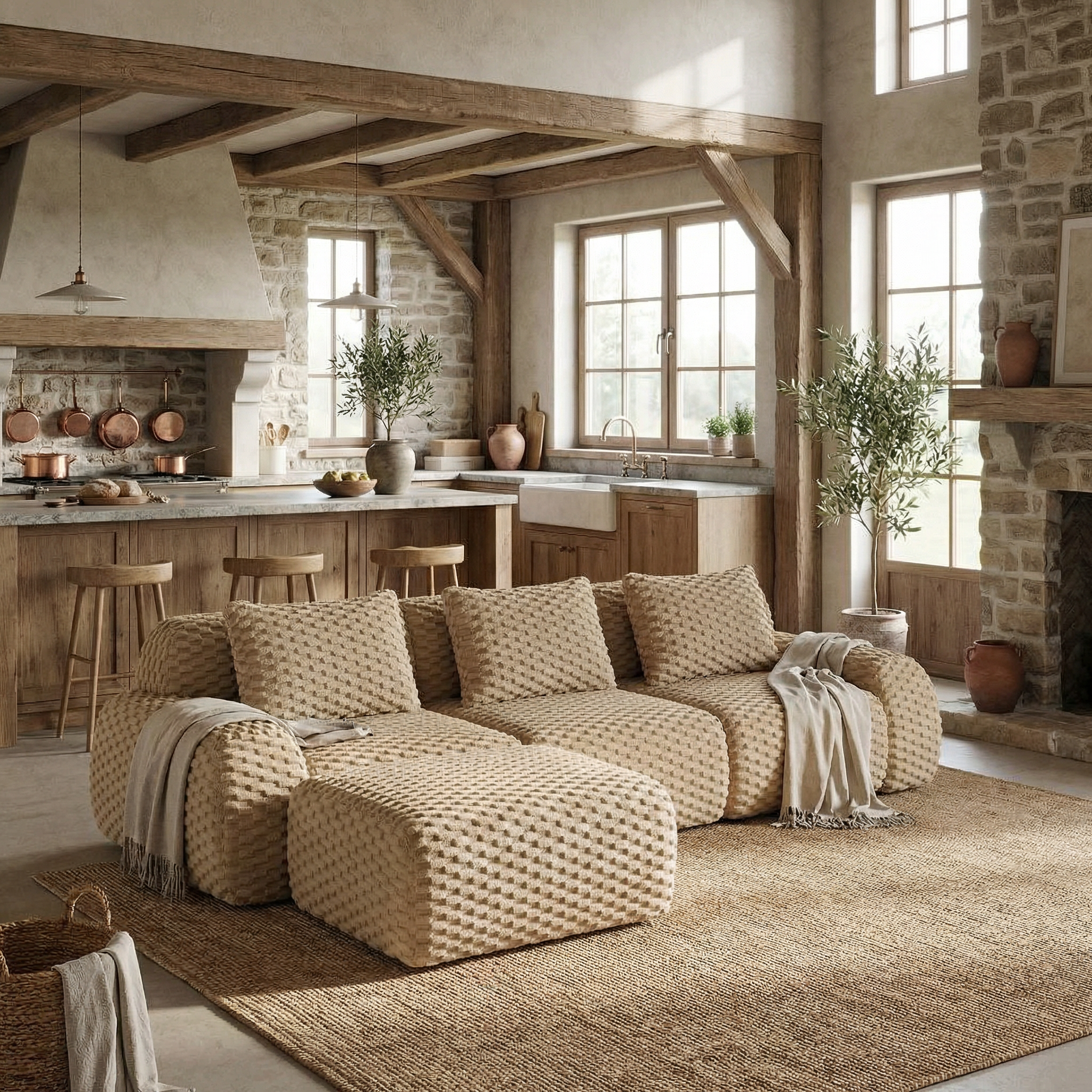 Olathe 114" Modular Flannelette Fabric L-Shaped Sectional Sofa with Movable Ottoman