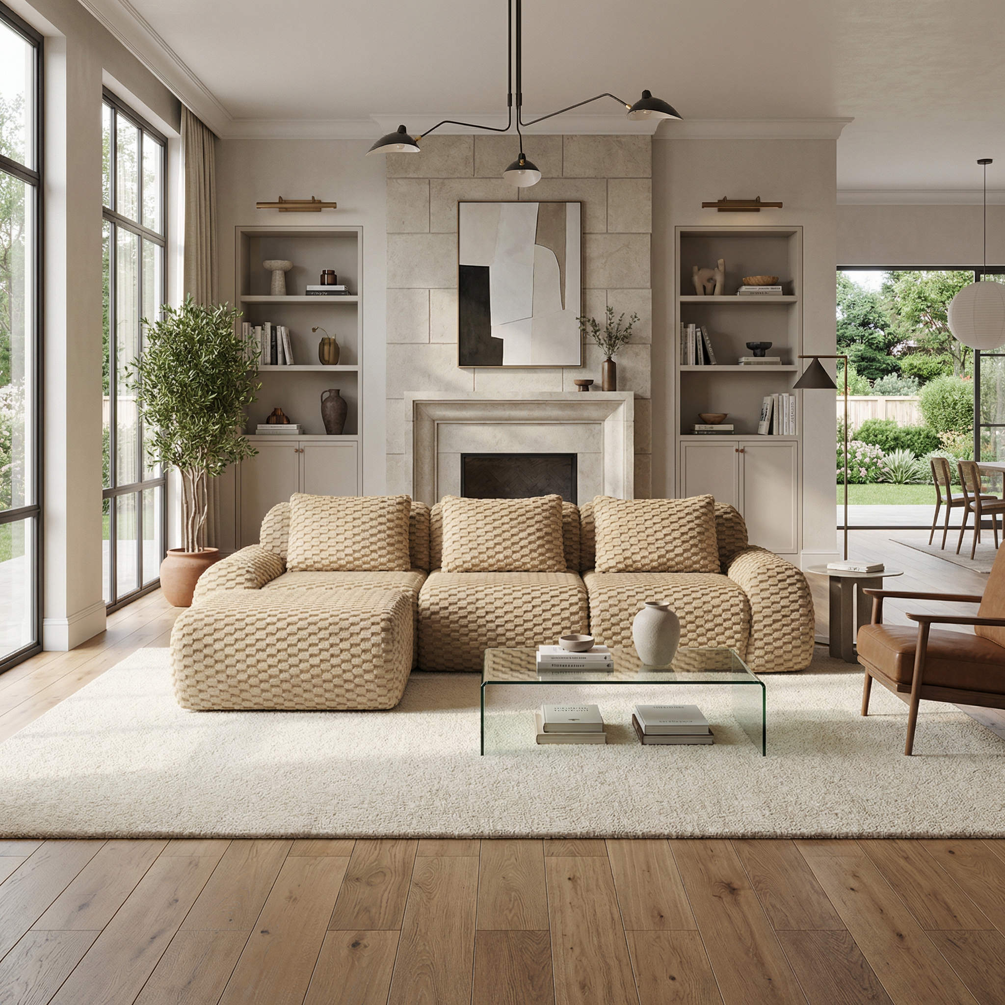 Olathe 114" Modular Flannelette Fabric L-Shaped Sectional Sofa with Movable Ottoman