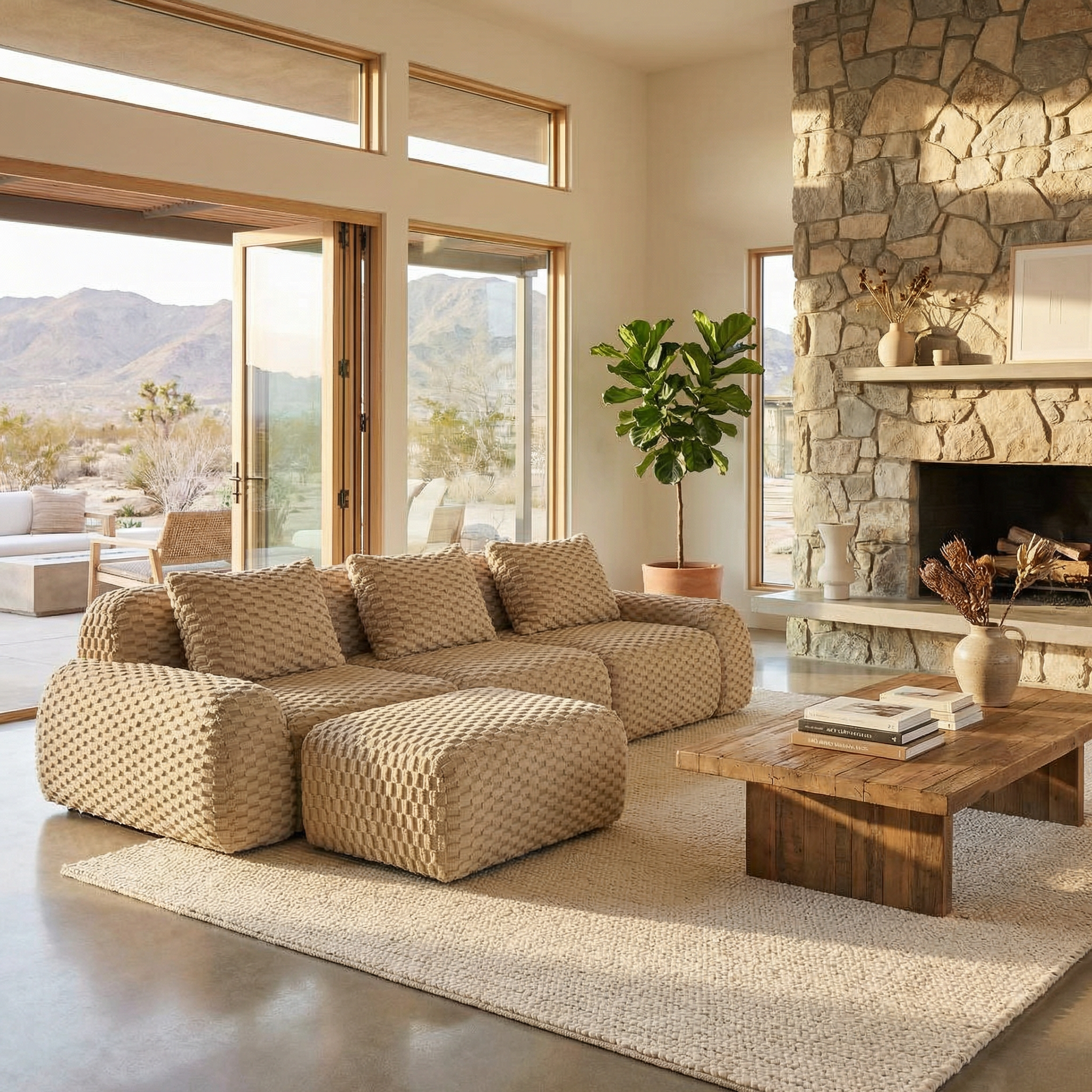 Olathe 114" Modular Flannelette Fabric L-Shaped Sectional Sofa with Movable Ottoman