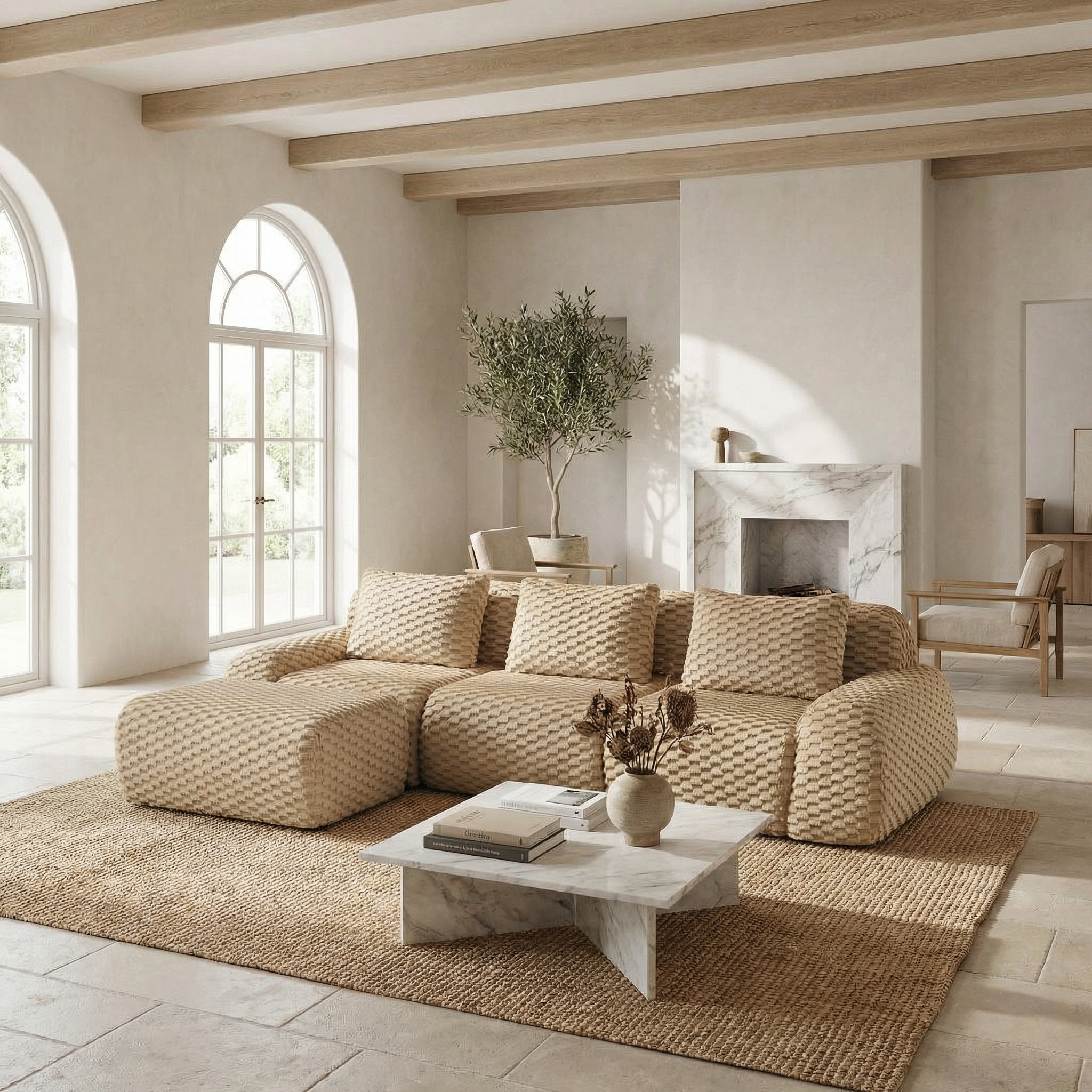 Olathe 114" Modular Flannelette Fabric L-Shaped Sectional Sofa with Movable Ottoman