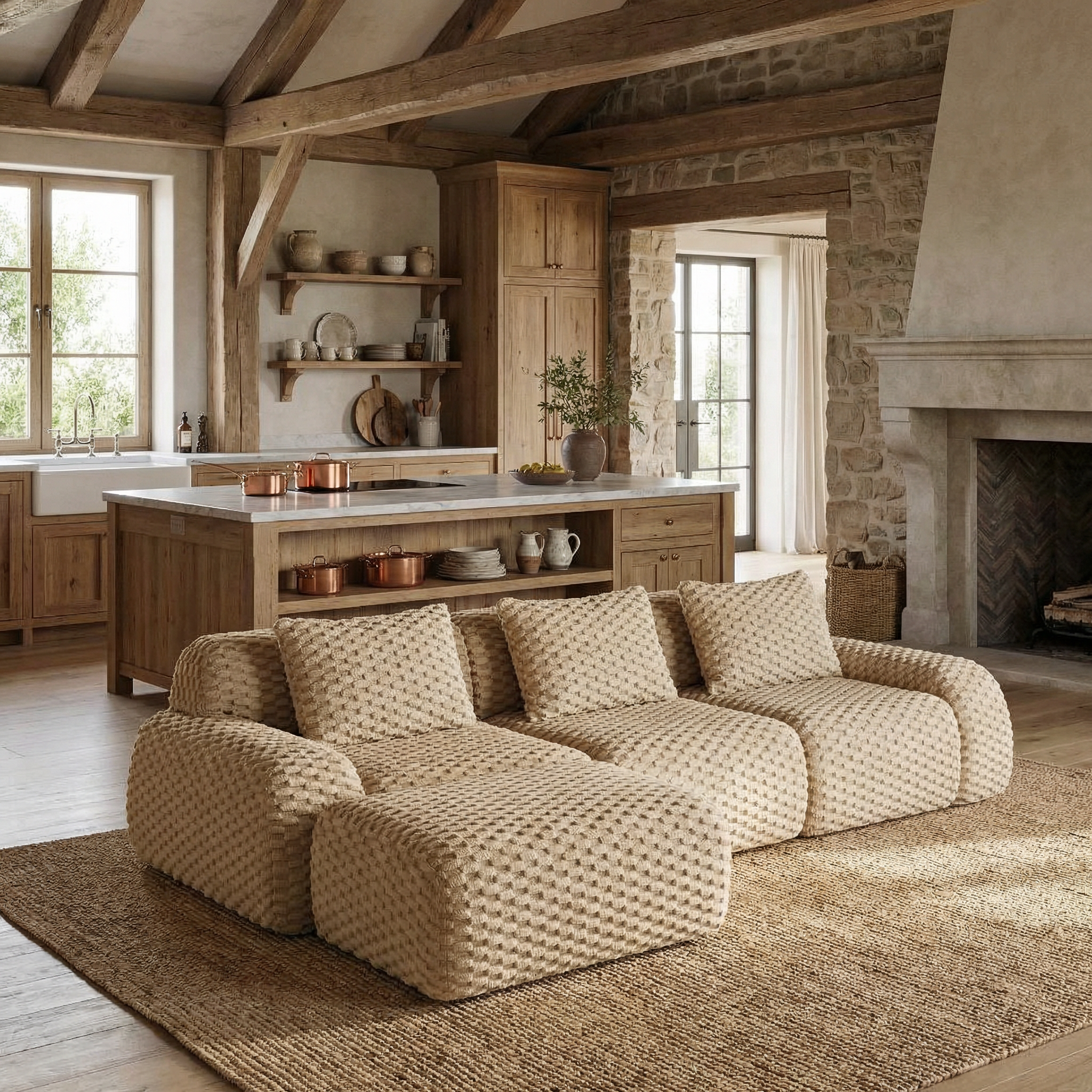 Olathe 114" Modular Flannelette Fabric L-Shaped Sectional Sofa with Movable Ottoman