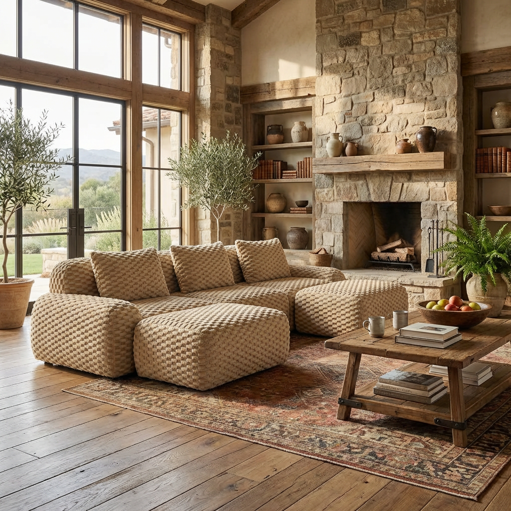 Olathe 114" Modular Flannelette Fabric U-Shaped Sectional Sofa with 2 Movable Ottomans