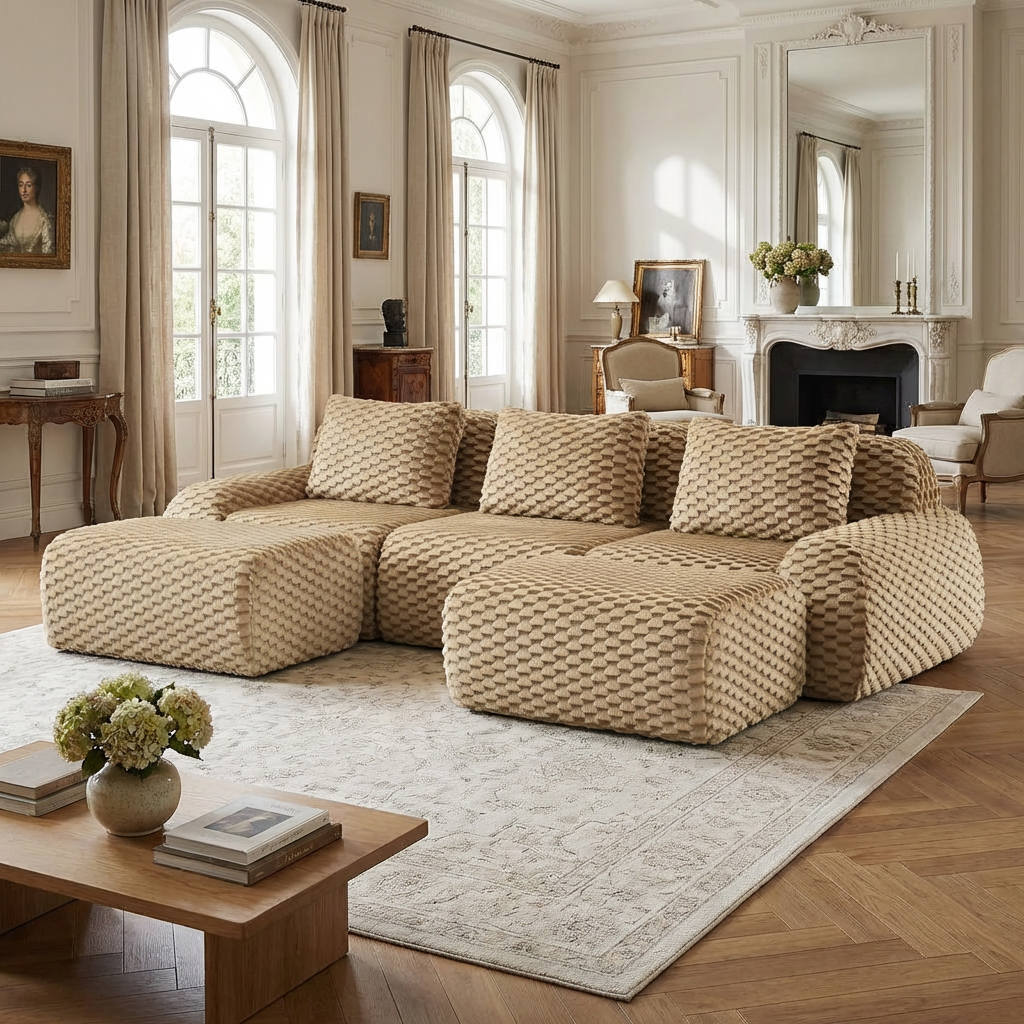Olathe 114" Modular Flannelette Fabric U-Shaped Sectional Sofa with 2 Movable Ottomans