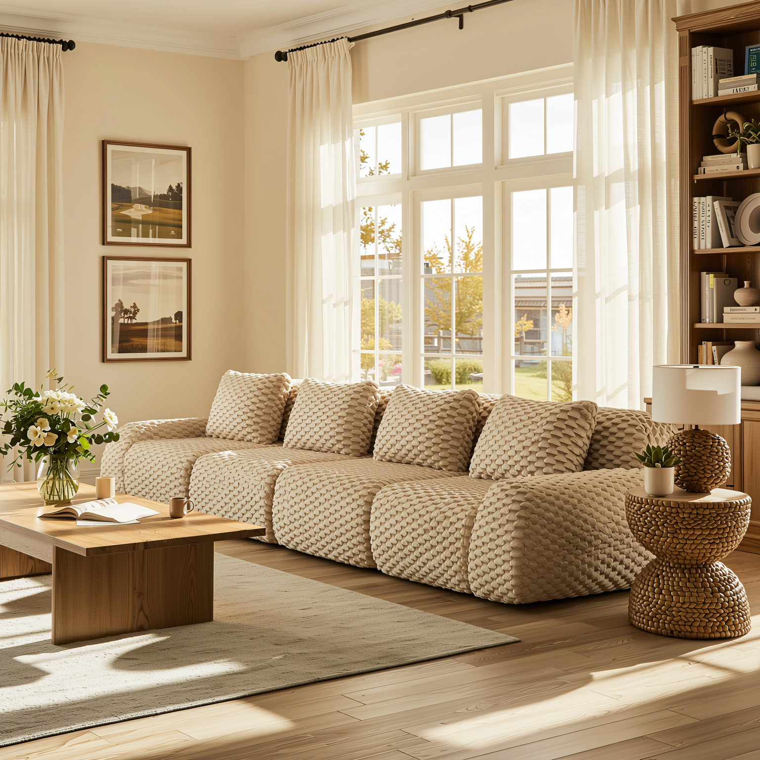 Olathe 146" Modular Flannelette Fabric 4-Seater Sofa with Deep Seat