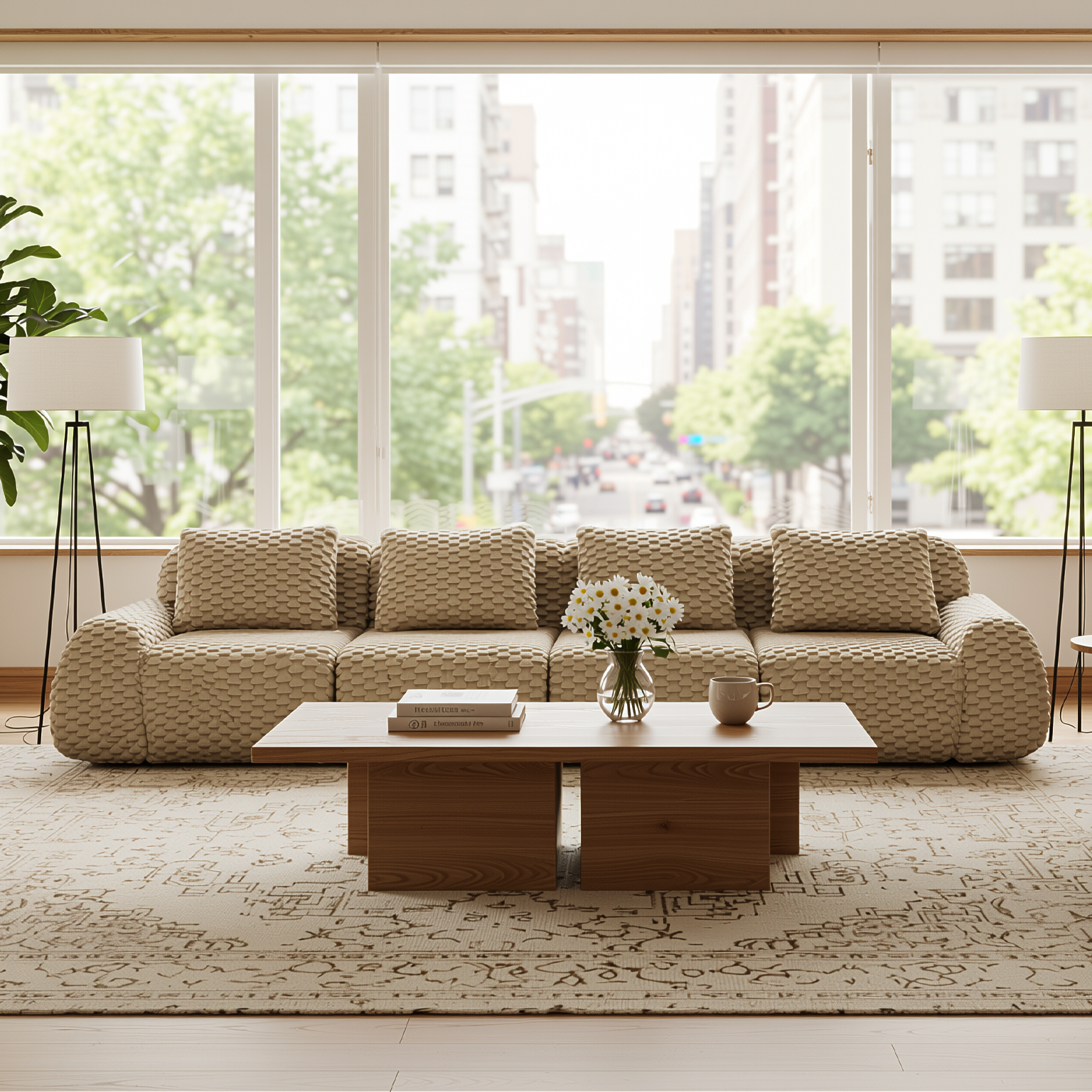 Olathe 146" Modular Flannelette Fabric 4-Seater Sofa with Deep Seat