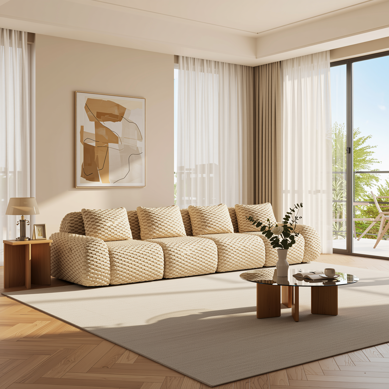 Olathe 146" Modular Flannelette Fabric 4-Seater Sofa with Deep Seat