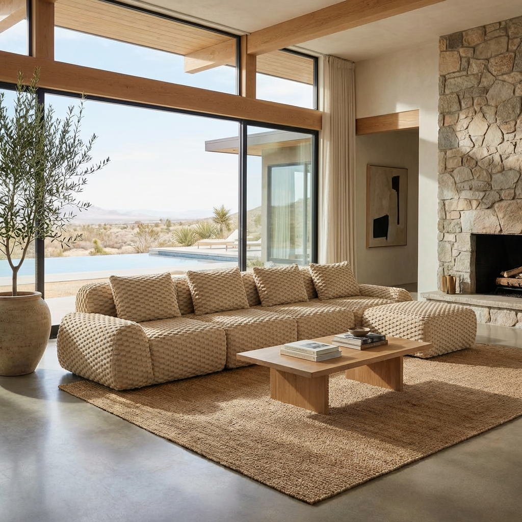 Olathe 146" Modular Flannelette Fabric L-Shaped Sectional Sofa with Movable Ottoman