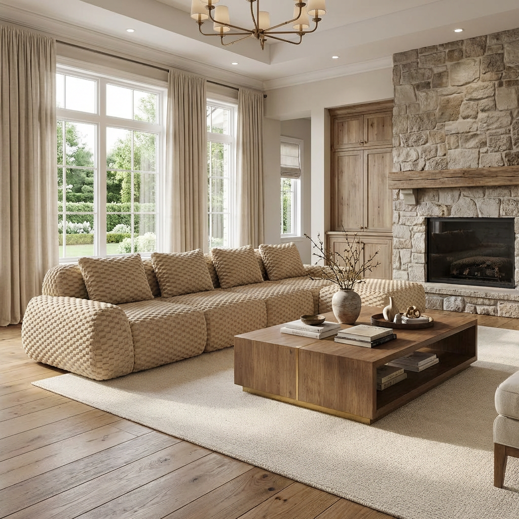 Olathe 146" Modular Flannelette Fabric L-Shaped Sectional Sofa with Movable Ottoman