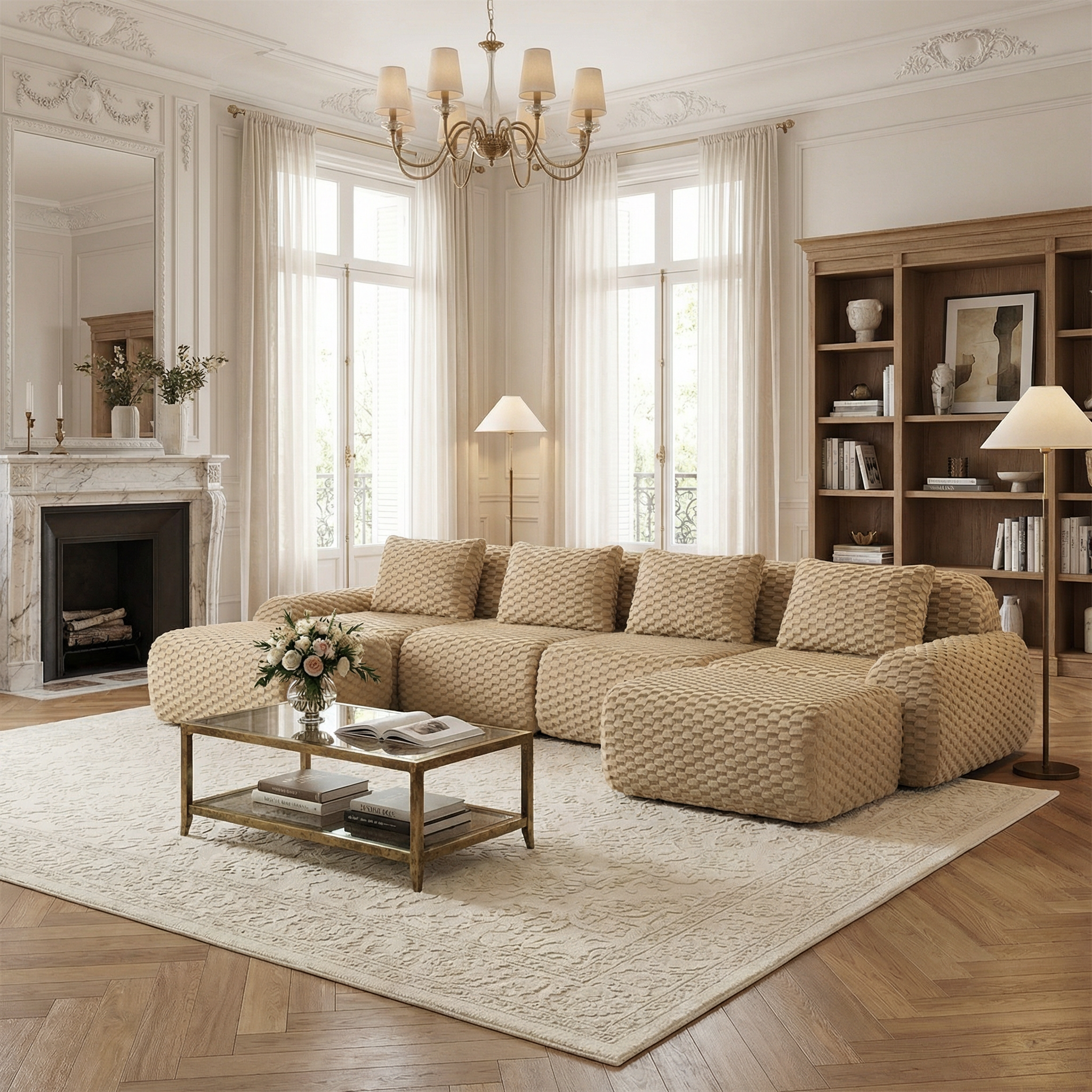 Olathe 146" Modular Flannelette Fabric U-Shaped Sectional Sofa with Movable Ottomans