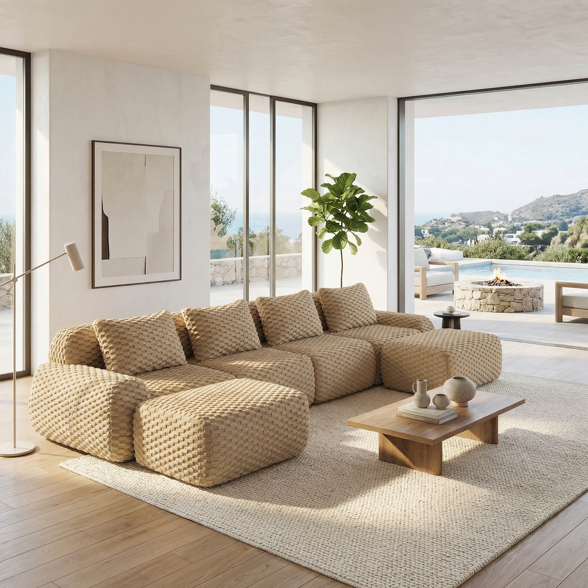 Olathe 146" Modular Flannelette Fabric U-Shaped Sectional Sofa with Movable Ottomans
