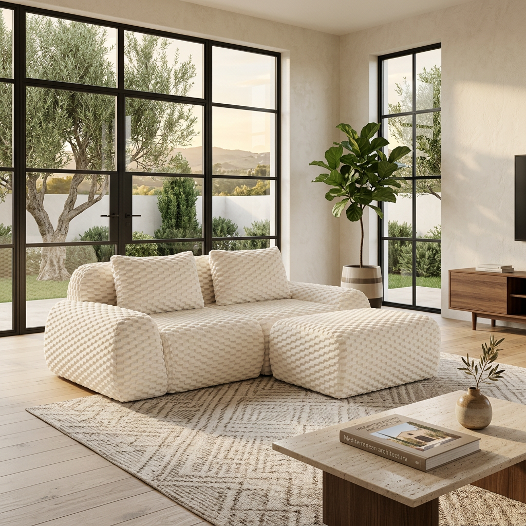 Olathe 82" Modular Flannelette Fabric L-Shaped Sectional Sofa with Movable Ottoman