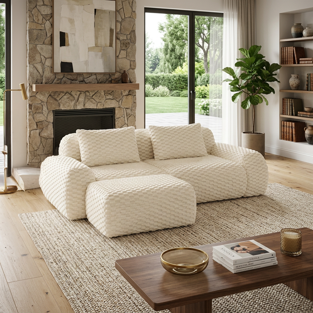 Olathe 82" Modular Flannelette Fabric L-Shaped Sectional Sofa with Movable Ottoman