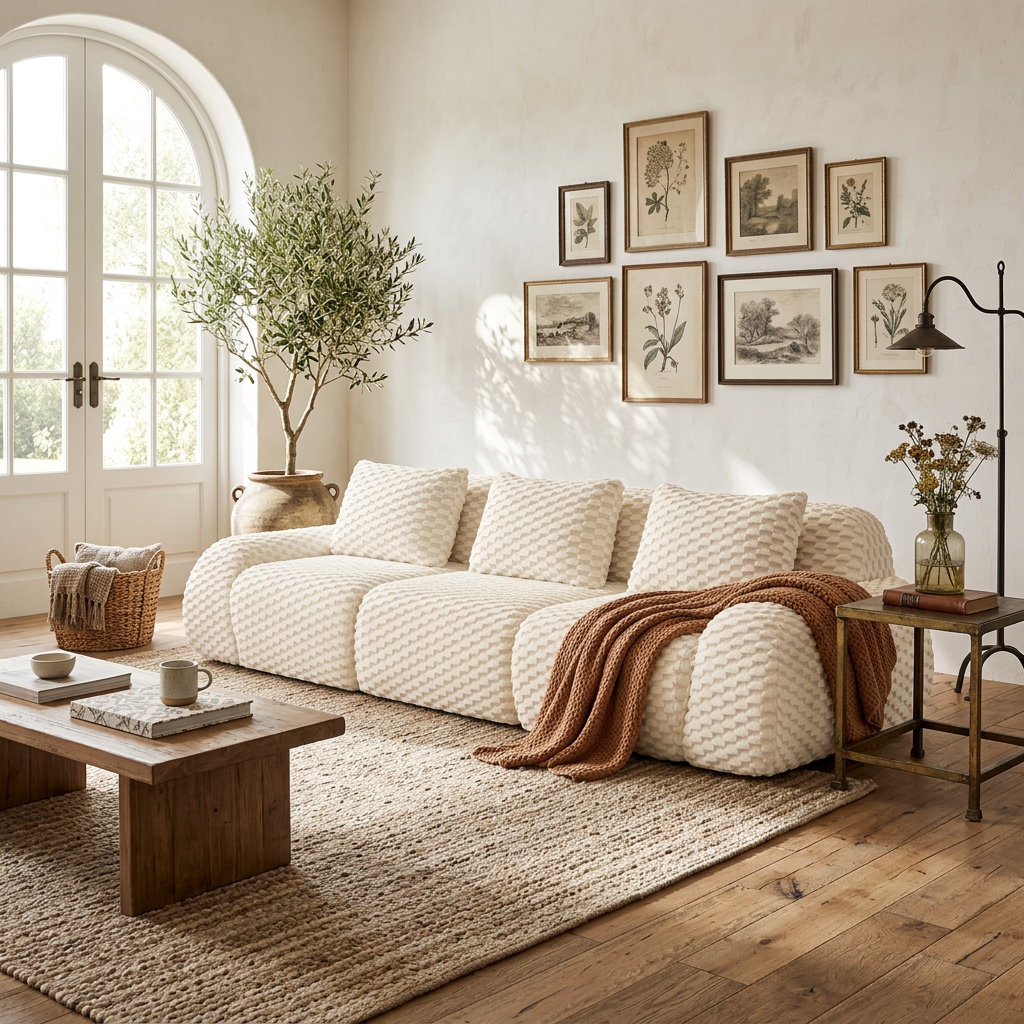Olathe 114" Modular Flannelette Fabric 3-Seater Sofa with Deep Seat