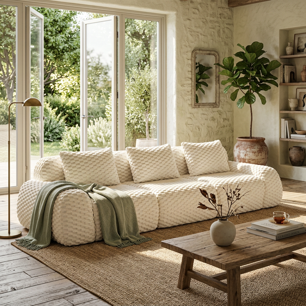 Olathe 114" Modular Flannelette Fabric 3-Seater Sofa with Deep Seat