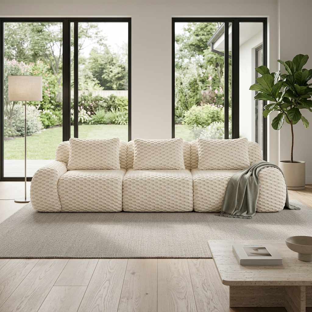 Olathe 114" Modular Flannelette Fabric 3-Seater Sofa with Deep Seat