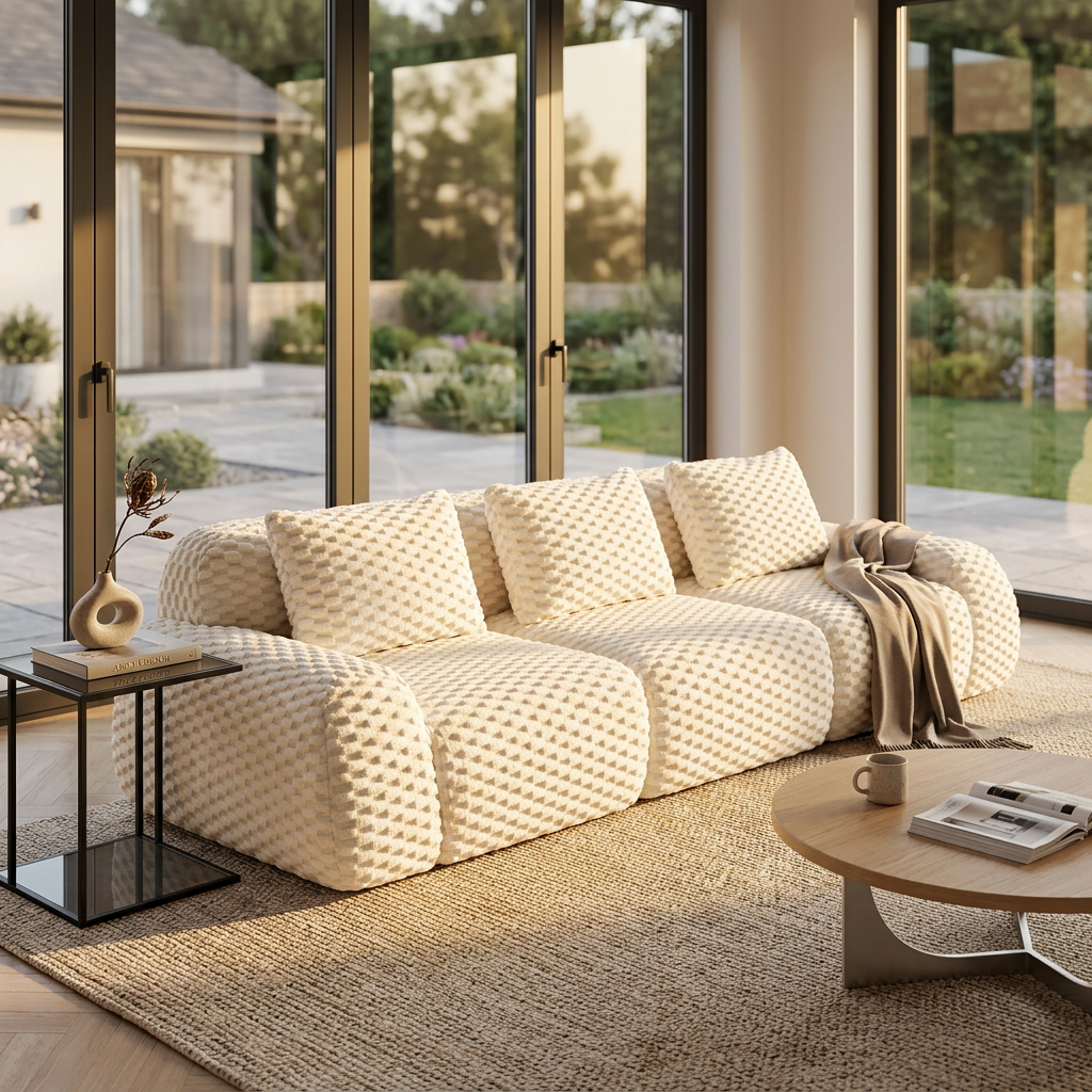 Olathe 114" Modular Flannelette Fabric 3-Seater Sofa with Deep Seat