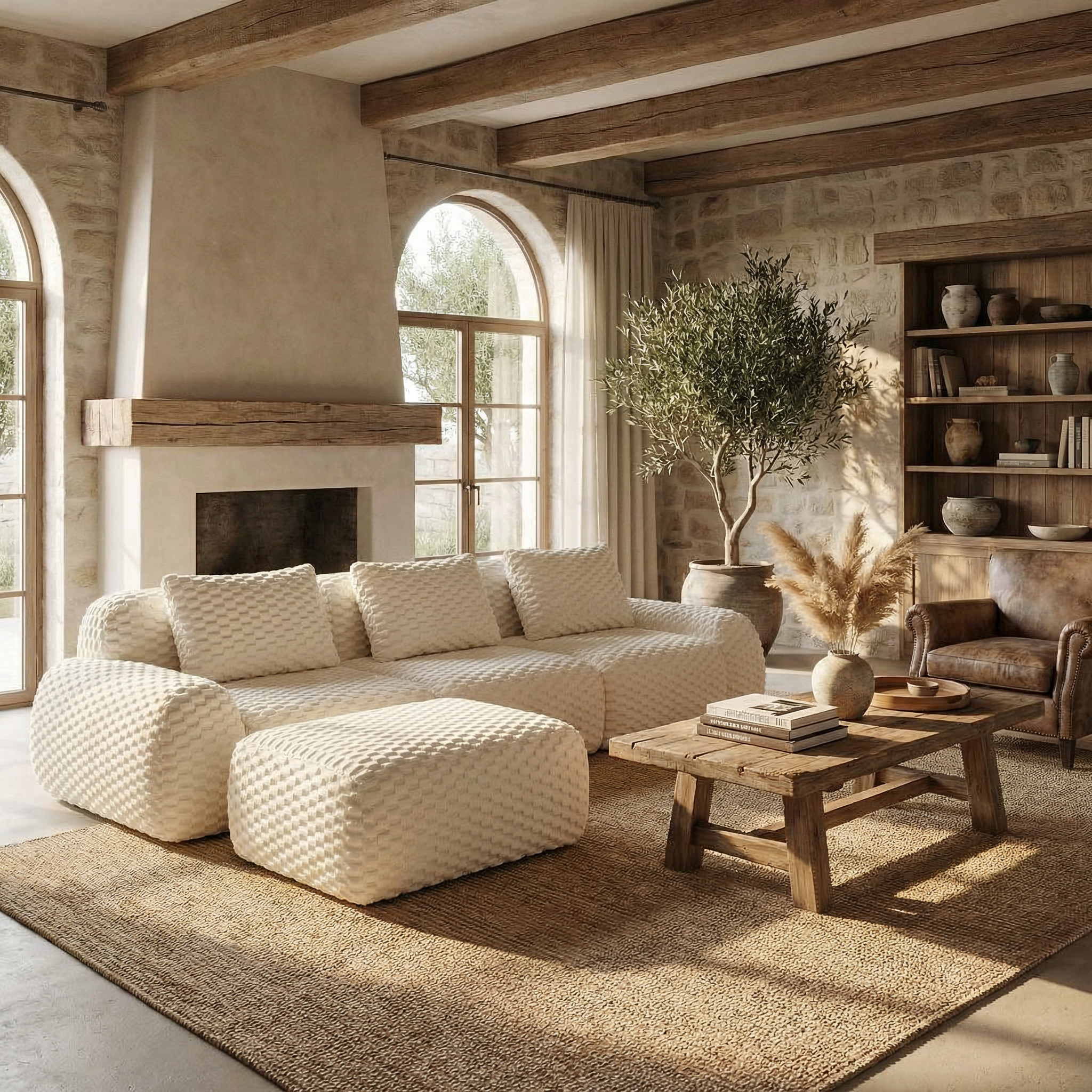 Olathe 114" Modular Flannelette Fabric L-Shaped Sectional Sofa with Movable Ottoman