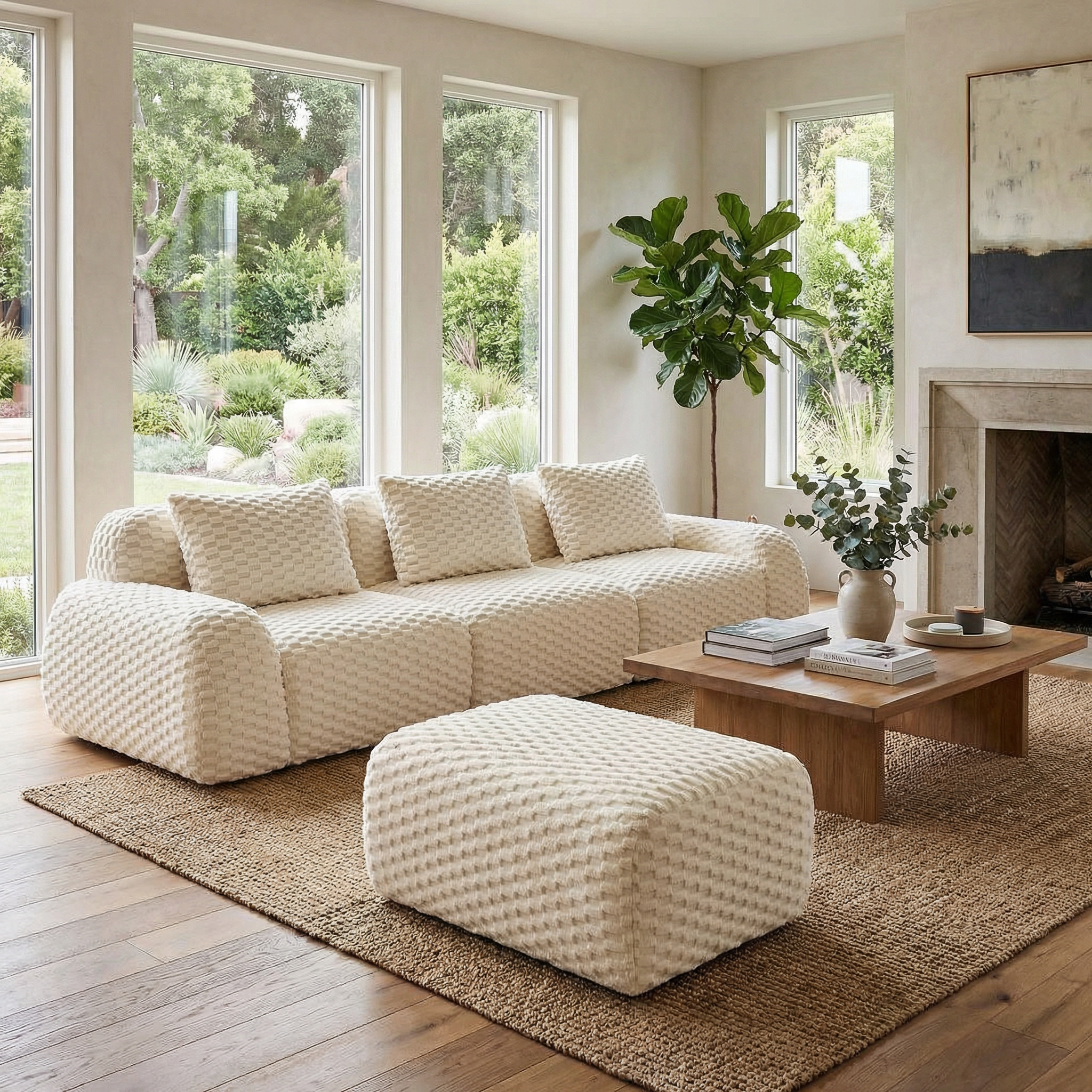 Olathe 114" Modular Flannelette Fabric L-Shaped Sectional Sofa with Movable Ottoman