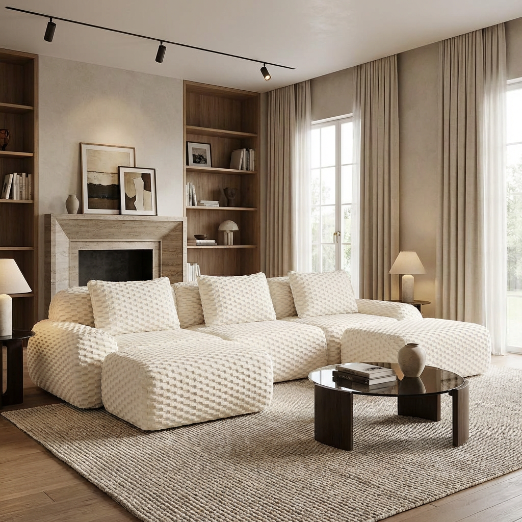 Olathe 114" Modular Flannelette Fabric U-Shaped Sectional Sofa with 2 Movable Ottomans