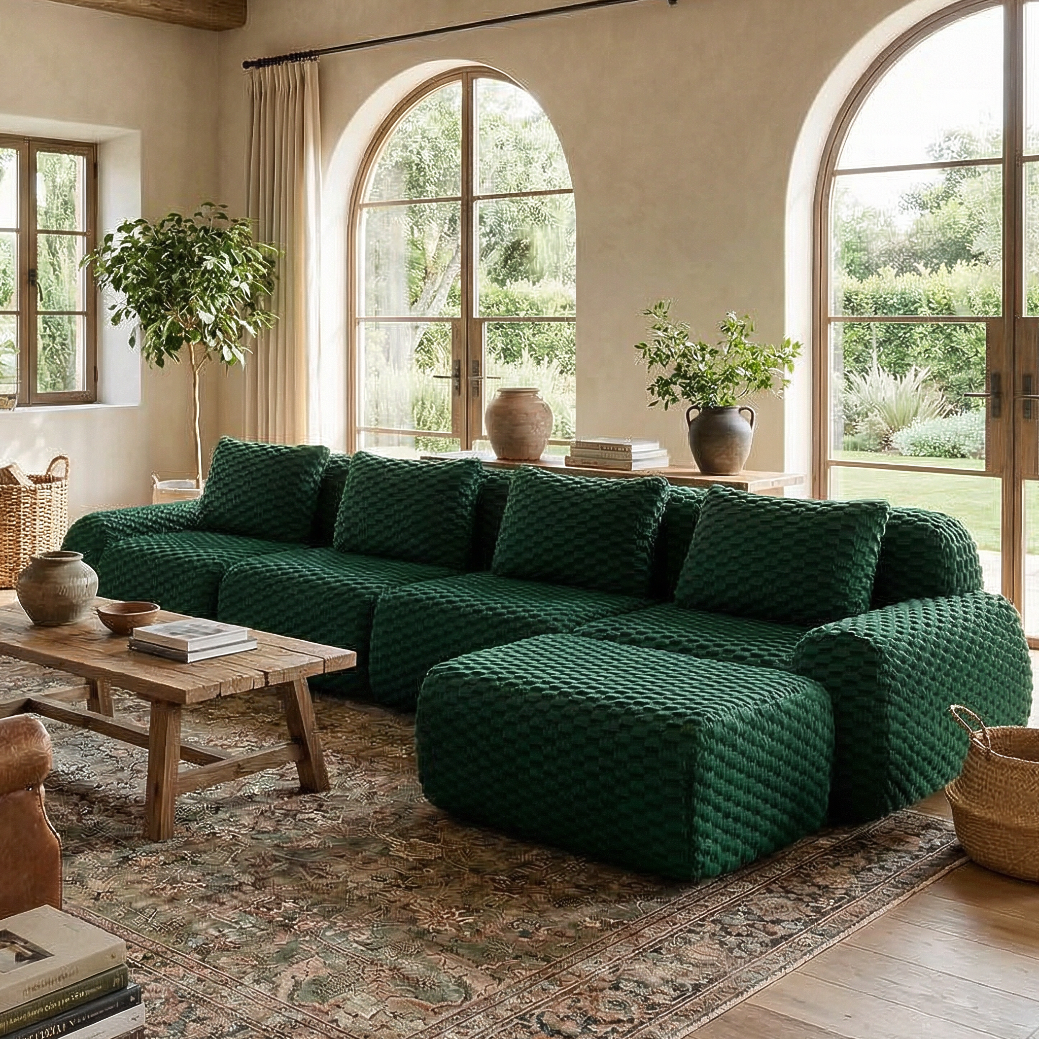 Olathe 146" Modular Flannelette Fabric L-Shaped Sectional Sofa with Movable Ottoman