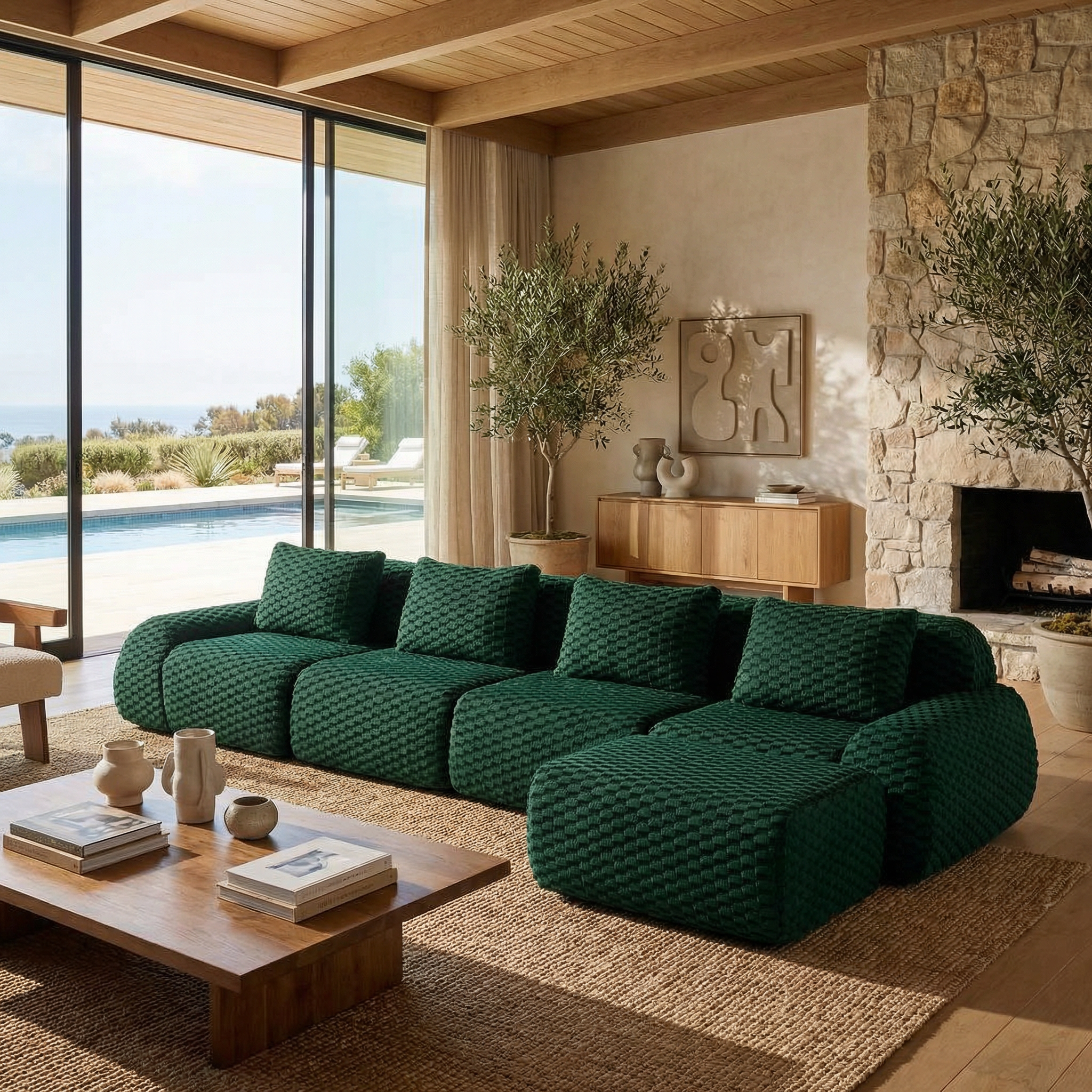 Olathe 146" Modular Flannelette Fabric L-Shaped Sectional Sofa with Movable Ottoman