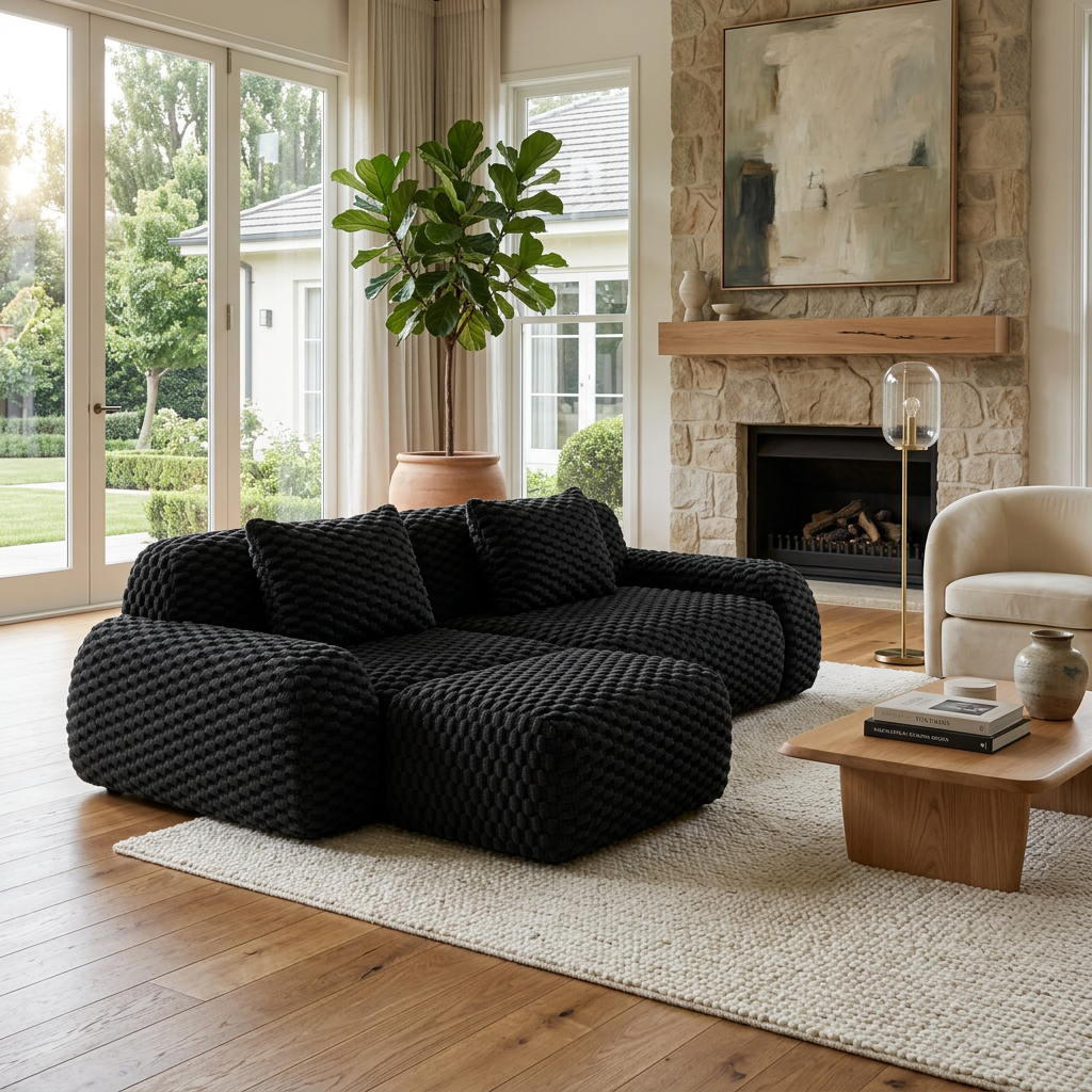 Olathe 82" Modular Flannelette Fabric L-Shaped Sectional Sofa with Movable Ottoman