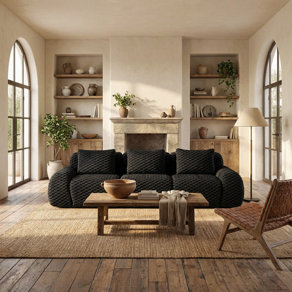 Olathe 114" Modular Flannelette Fabric 3-Seater Sofa with Deep Seat