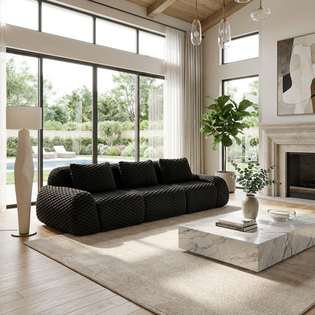 Olathe 114" Modular Flannelette Fabric 3-Seater Sofa with Deep Seat