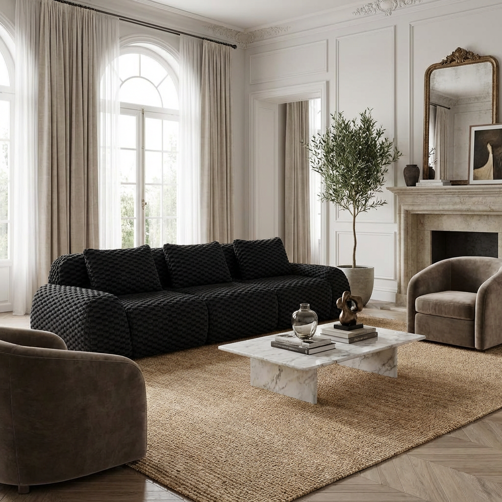 Olathe 114" Modular Flannelette Fabric 3-Seater Sofa with Deep Seat