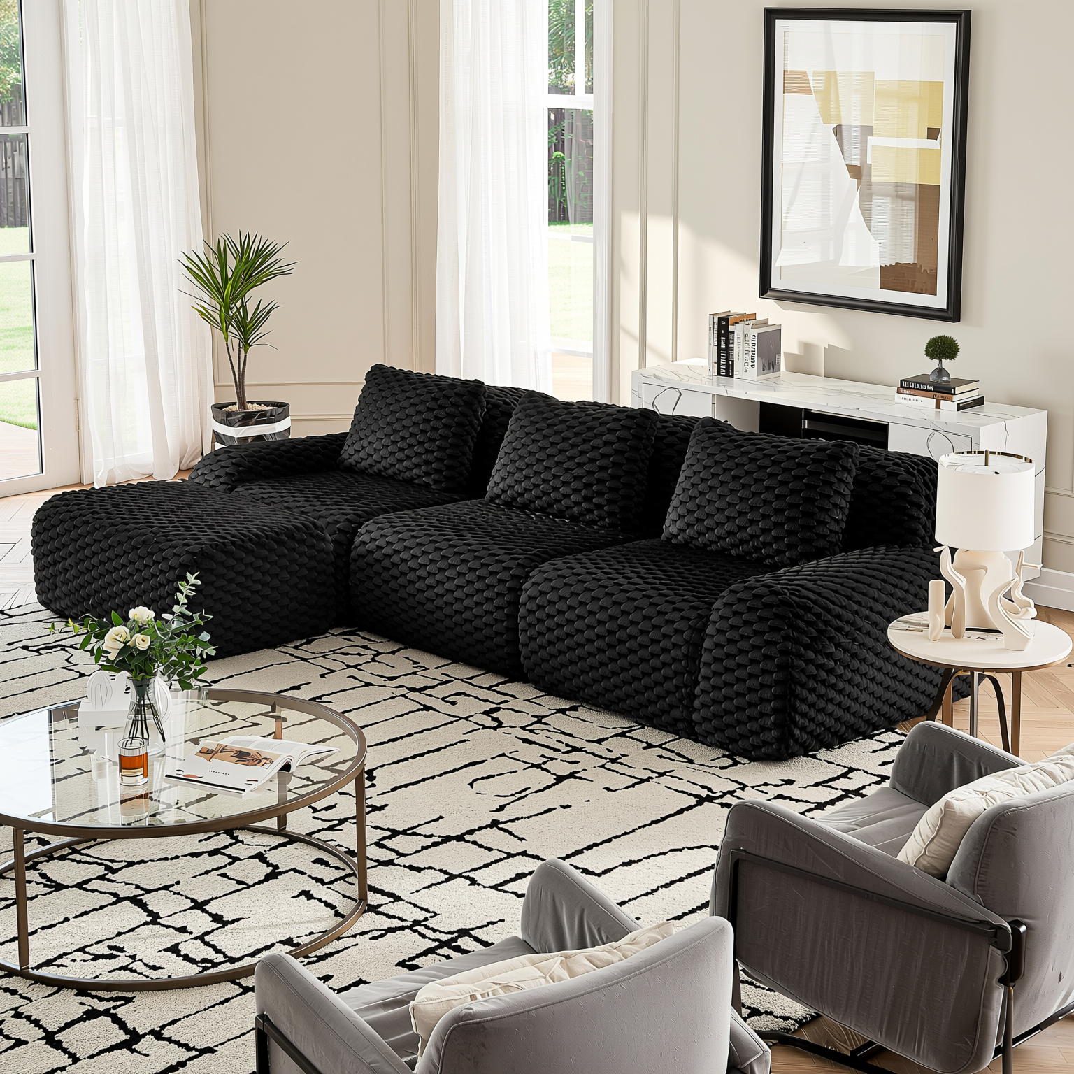 Olathe 114" Modular Flannelette Fabric L-Shaped Sectional Sofa with Movable Ottoman
