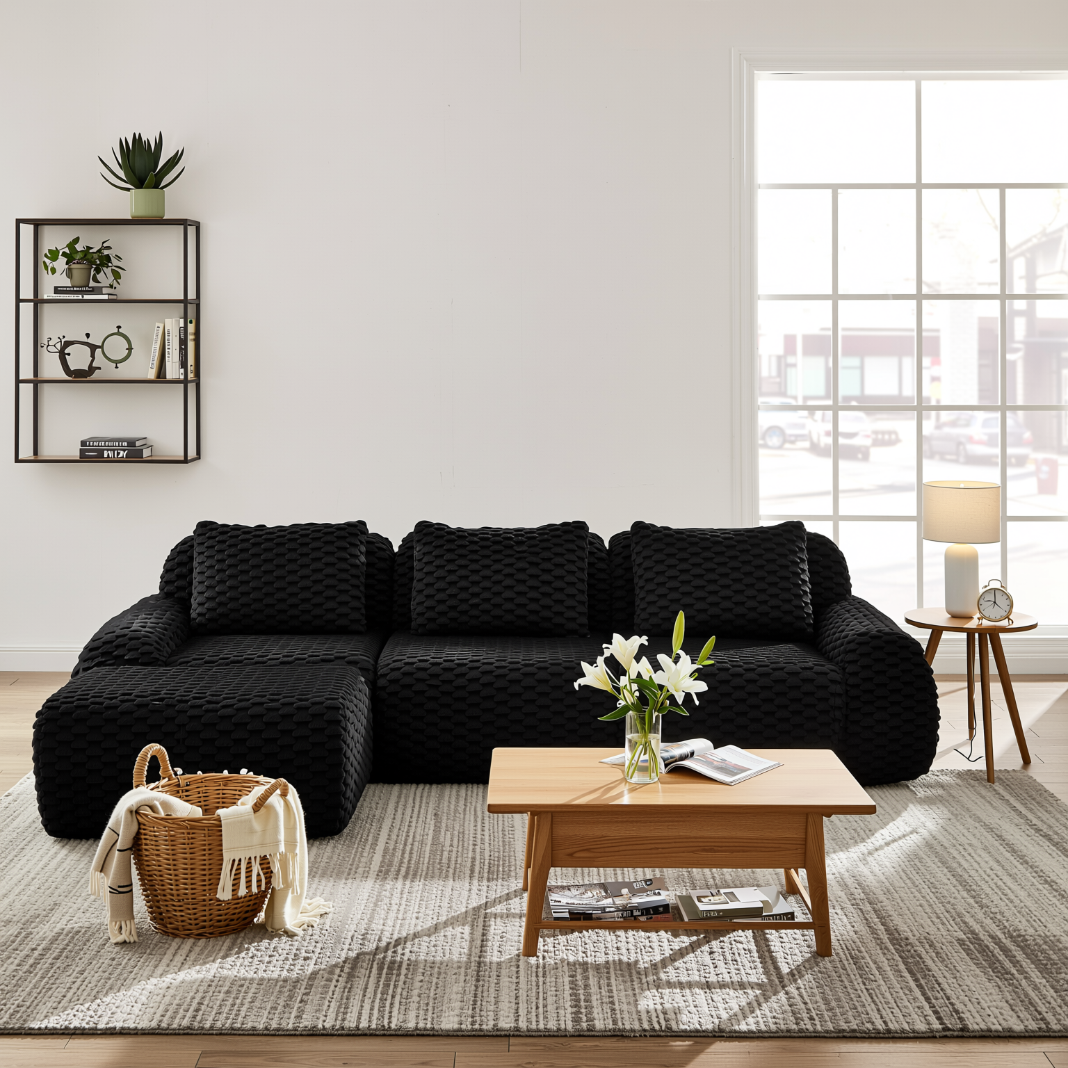 Olathe 114" Modular Flannelette Fabric L-Shaped Sectional Sofa with Movable Ottoman