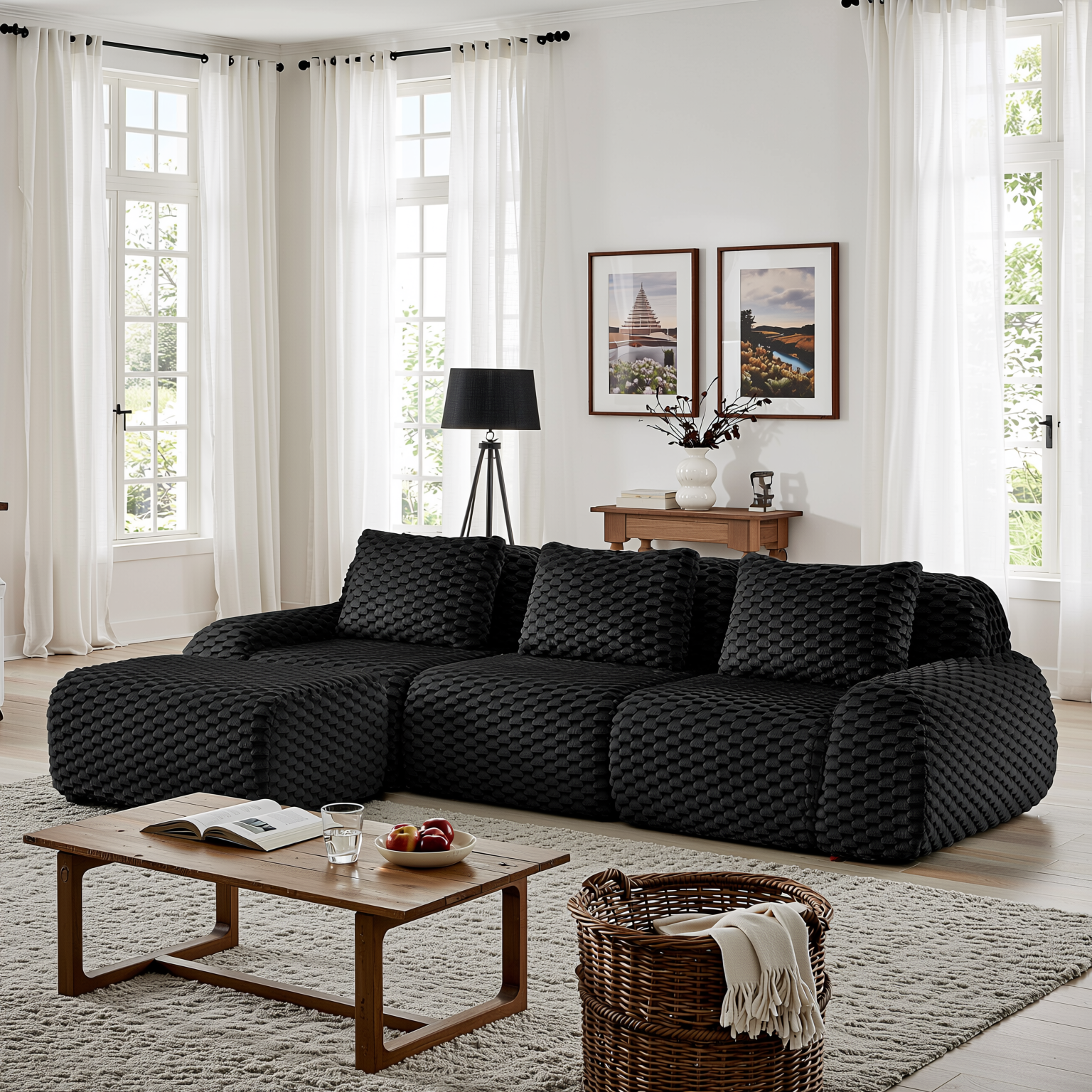 Olathe 114" Modular Flannelette Fabric L-Shaped Sectional Sofa with Movable Ottoman
