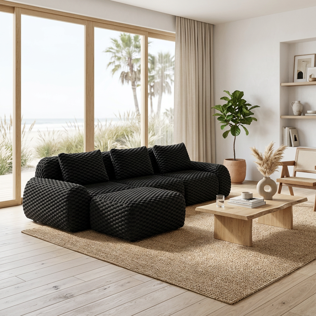 Olathe 114" Modular Flannelette Fabric L-Shaped Sectional Sofa with Movable Ottoman