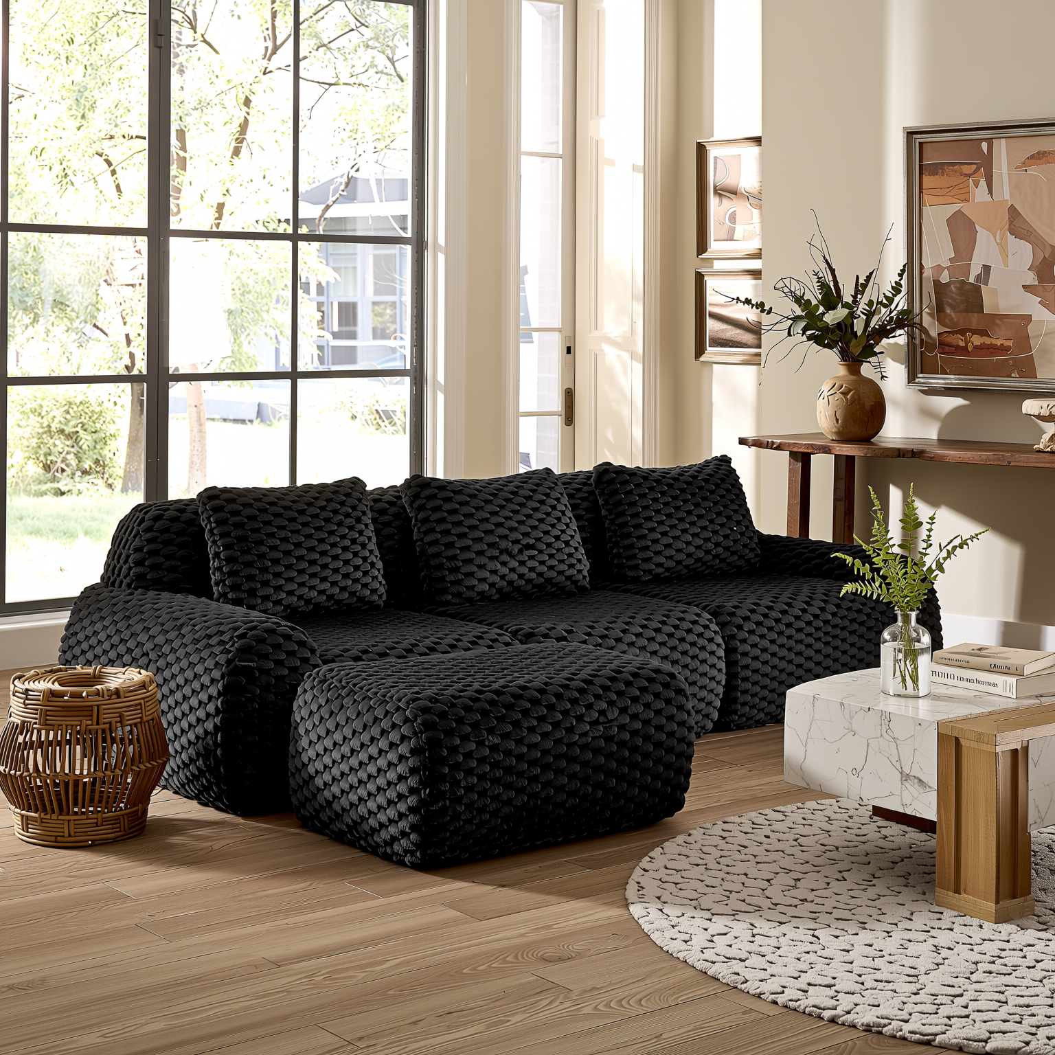 Olathe 114" Modular Flannelette Fabric L-Shaped Sectional Sofa with Movable Ottoman