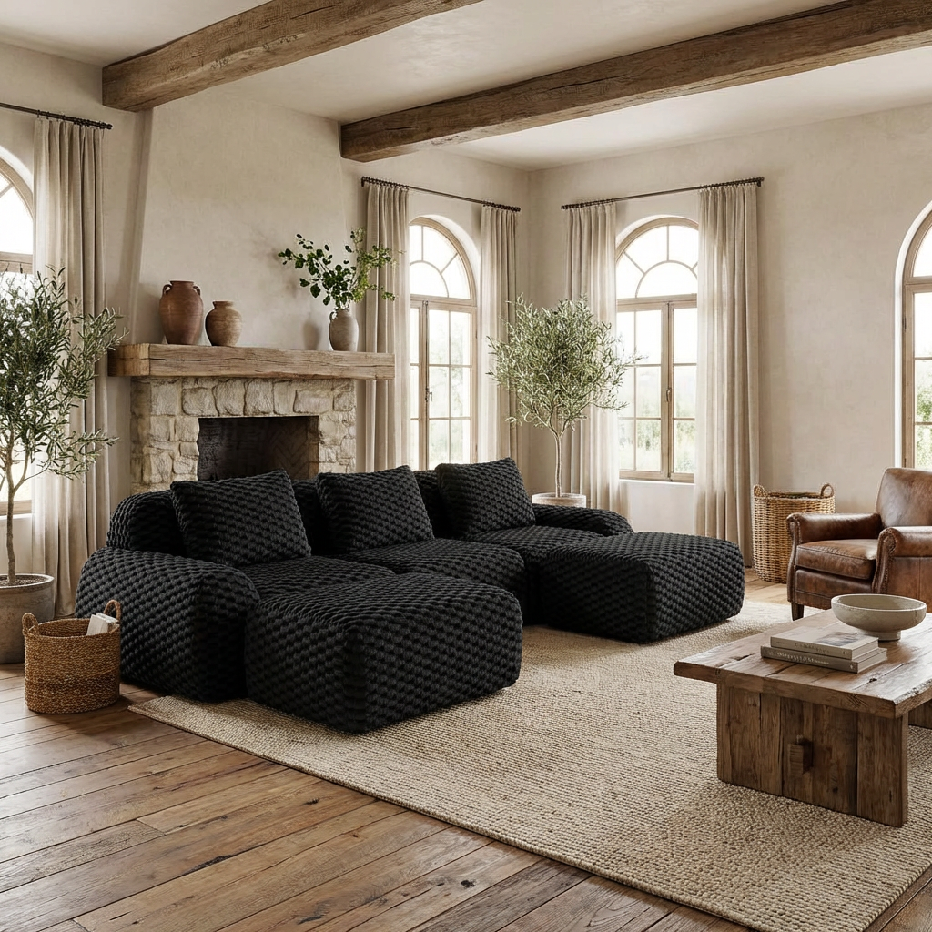 Olathe 114" Modular Flannelette Fabric U-Shaped Sectional Sofa with 2 Movable Ottomans