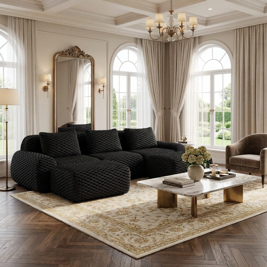 Olathe 114" Modular Flannelette Fabric U-Shaped Sectional Sofa with 2 Movable Ottomans