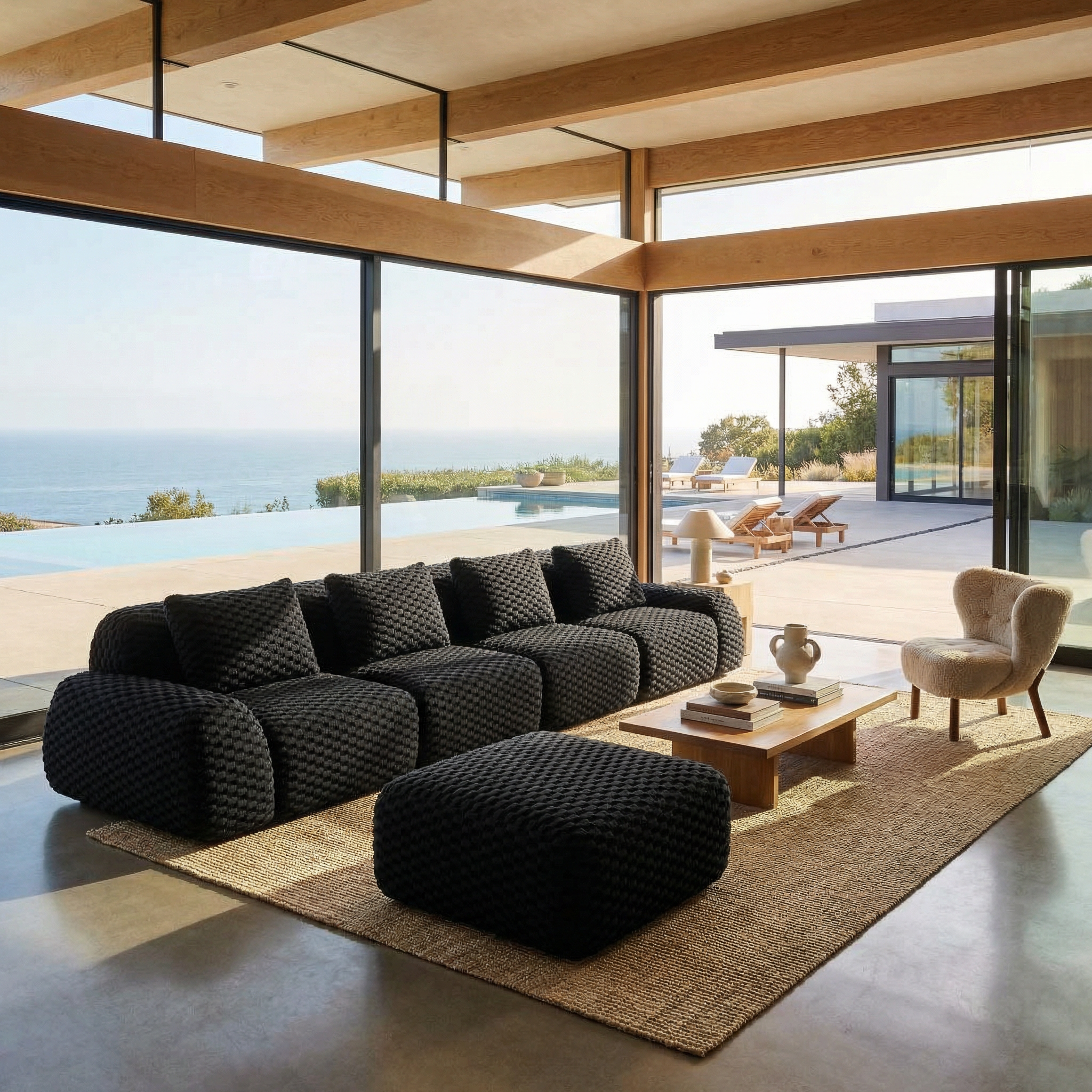 Olathe 146" Modular Flannelette Fabric L-Shaped Sectional Sofa with Movable Ottoman